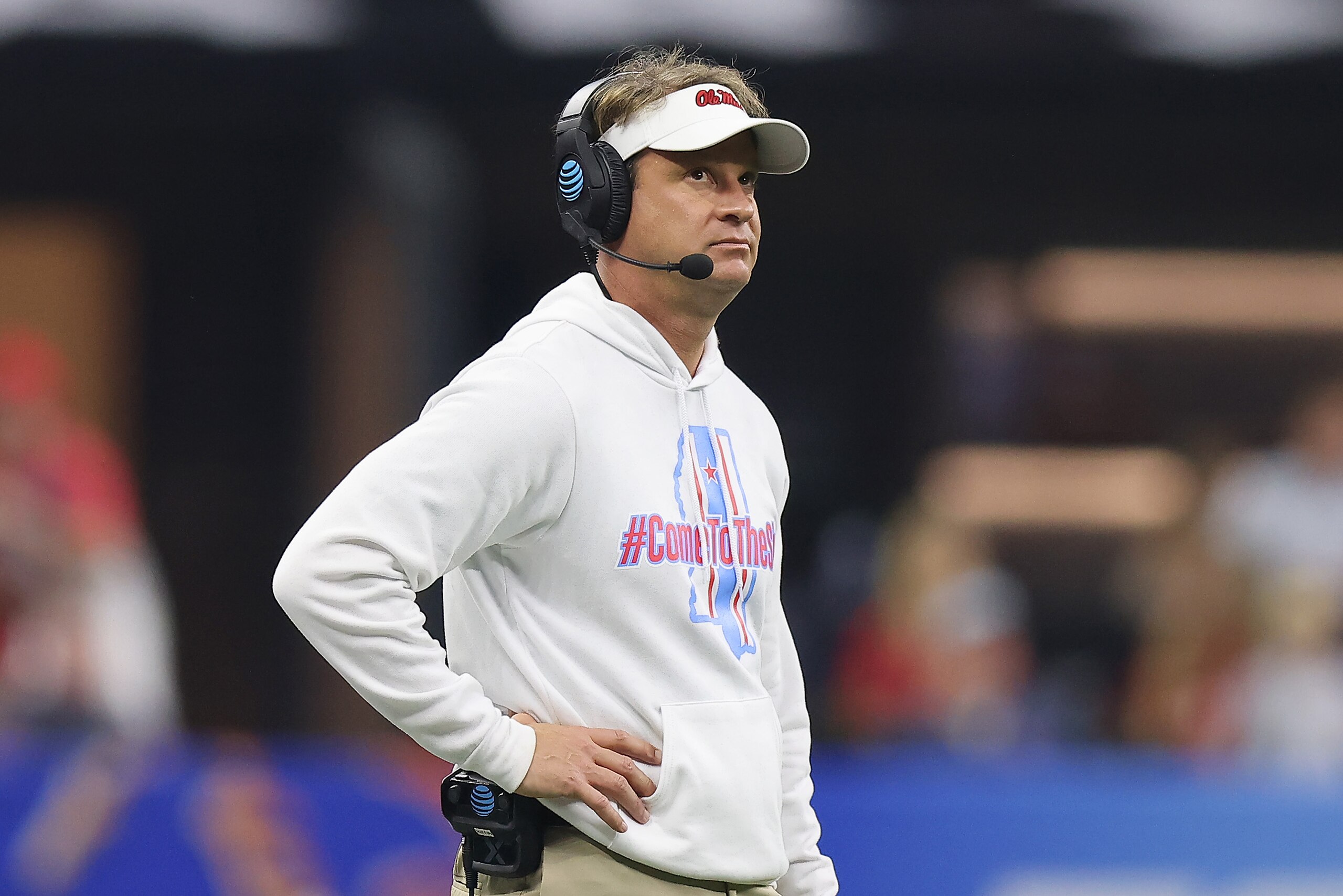 NEW ORLEANS, LOUISIANA - JANUARY 01: Head coach Lane Kiffin of the Mississippi Rebels looks on against the Baylor Bears during the second quarter in the Allstate Sugar Bowl at Caesars Superdome on January 01, 2022 in New Orleans, Louisiana. (Photo by Jonathan Bachman/Getty Images) NEW ORLEANS, LOUISIANA - JANUARY 01: Head coach Lane Kiffin of the Mississippi Rebels looks on against the Baylor Bears during the second quarter in the Allstate Sugar Bowl at Caesars Superdome on January 01, 2022 in New Orleans, Louisiana. (Photo by Jonathan Bachman/Getty Images)