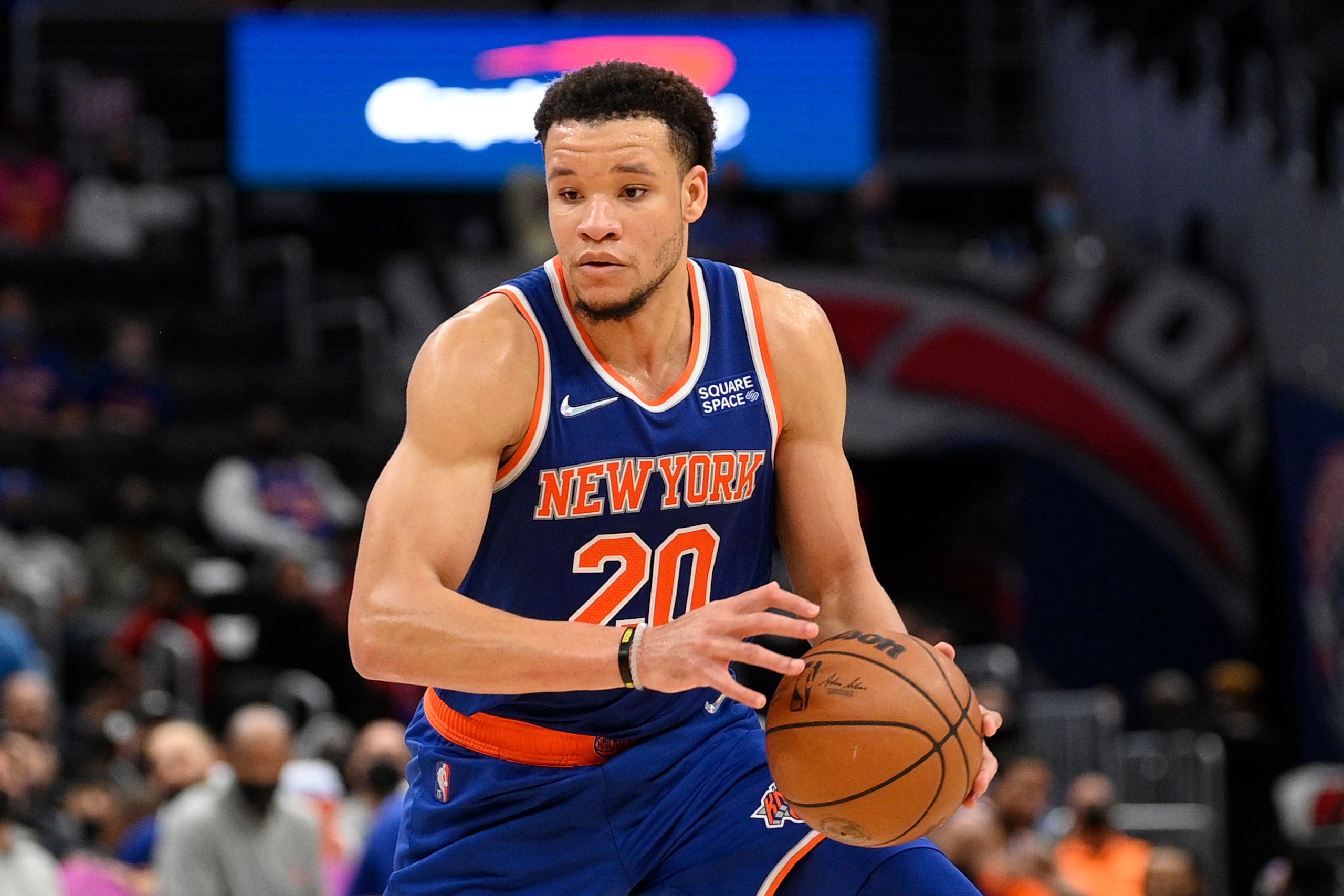 New York Knicks forward Kevin Knox II (20) in action during the second half of an NBA preseason basketball game against the Washington Wizards, Saturday, Oct. 9, 2021, in Washington. The Knicks won 117-99. (AP Photo/Nick Wass)
