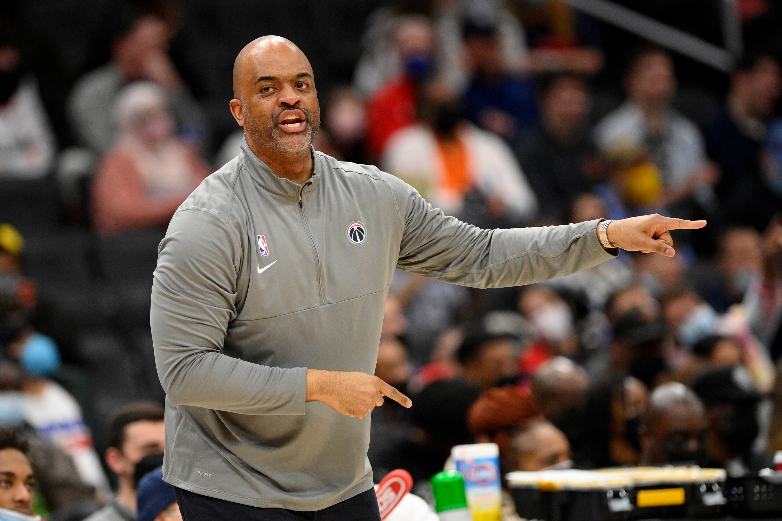 Washington Wizards head coach Wes Unseld Jr. gestures during the second half of an NBA basketball game against the Cleveland Cavaliers, Thursday, Dec. 30, 2021, in Washington. The Wizards won 110-93. (AP Photo/Nick Wass) Washington Wizards head coach Wes Unseld Jr. gestures during the second half of an NBA basketball game against the Cleveland Cavaliers, Thursday, Dec. 30, 2021, in Washington. The Wizards won 110-93. (AP Photo/Nick Wass)