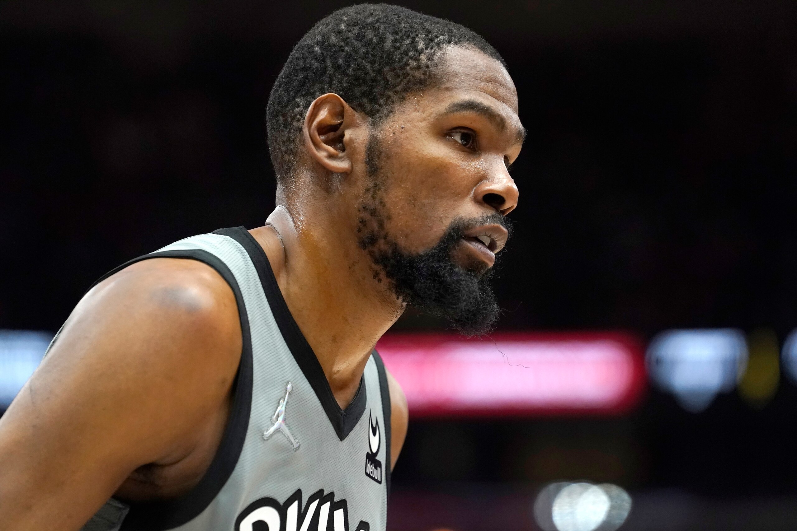 Brooklyn Nets' Kevin Durant waits for play to resume during the second half of an NBA basketball game Wednesday, Jan. 12, 2022, in Chicago. (AP Photo/Charles Rex Arbogast)