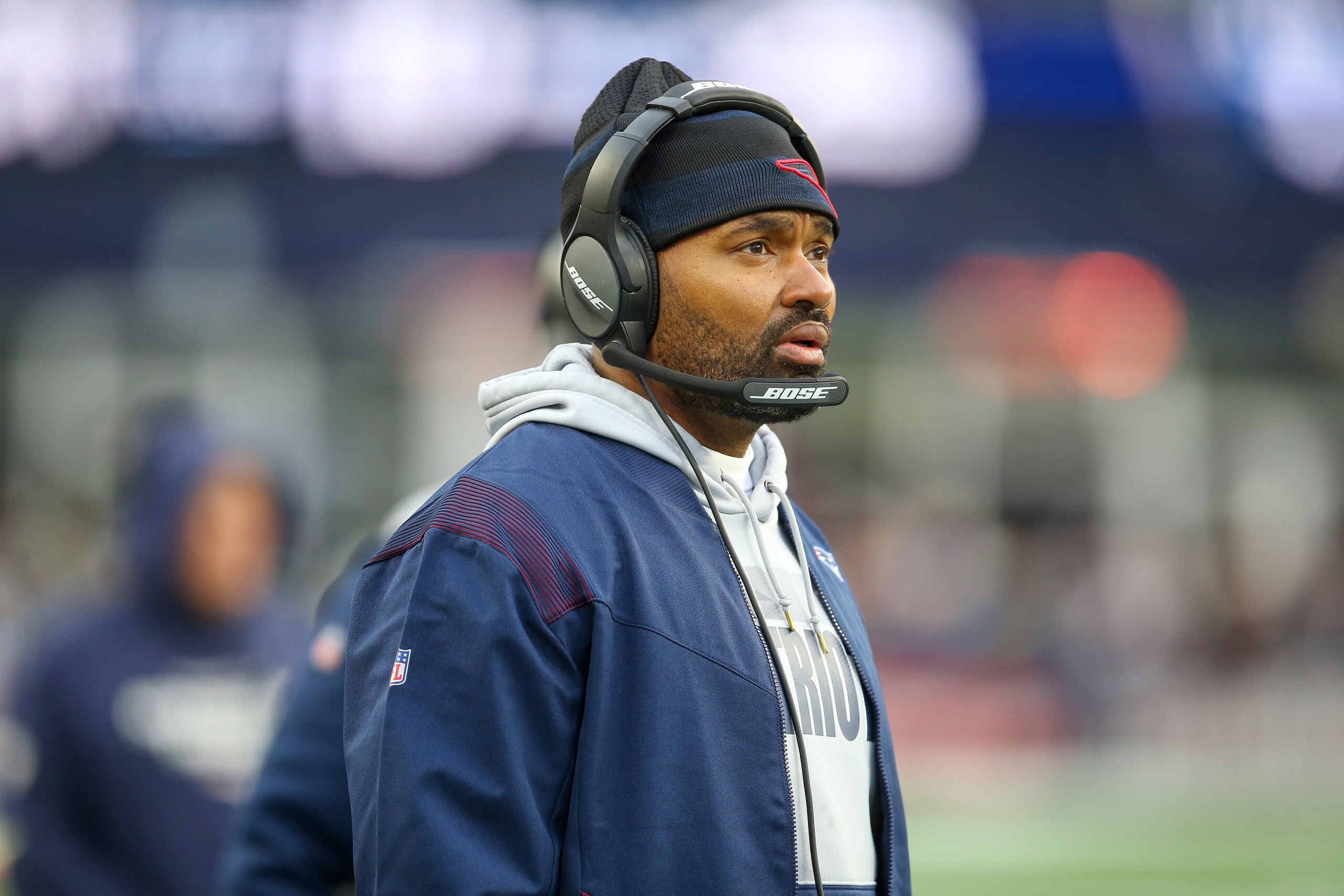 New England Patriots inside linebacker coach Jerod Mayo watches from the sideline during the second half of an NFL football game against the Buffalo Bills, Sunday, Dec. 26, 2021, in Foxborough, Mass. (AP Photo/Stew Milne) New England Patriots inside linebacker coach Jerod Mayo watches from the sideline during the second half of an NFL football game against the Buffalo Bills, Sunday, Dec. 26, 2021, in Foxborough, Mass. (AP Photo/Stew Milne)