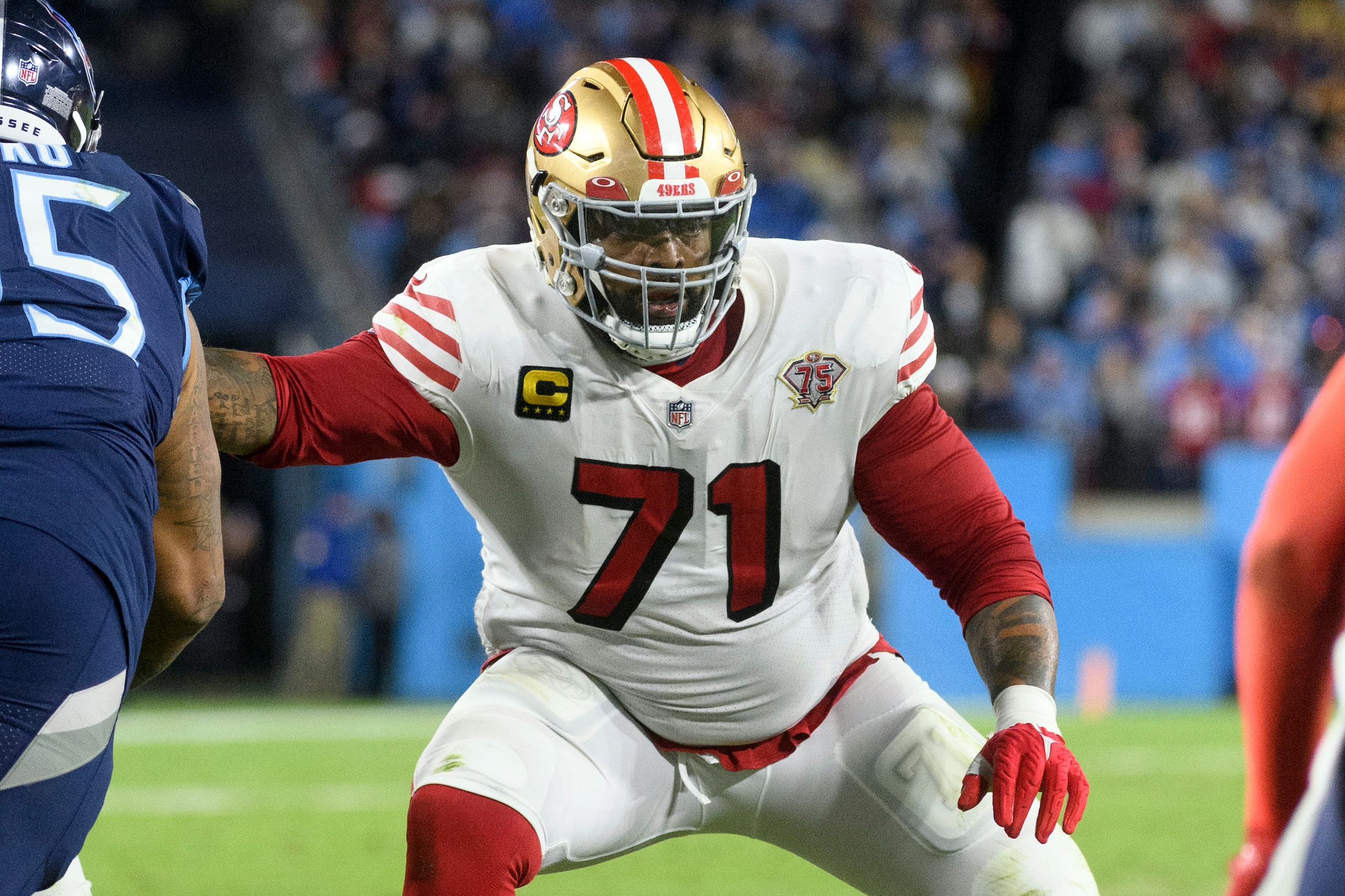 FILE -  San Francisco 49ers offensive tackle Trent Williams (71) plays against the Tennessee Titans during an NFL football game, on Dec. 23, 2021, in Nashville, Tenn. Willams was named to The Associated Press 2021 NFL All-Pro Team, announced Friday, Jan. 14, 2022.(AP Photo/John Amis, File)