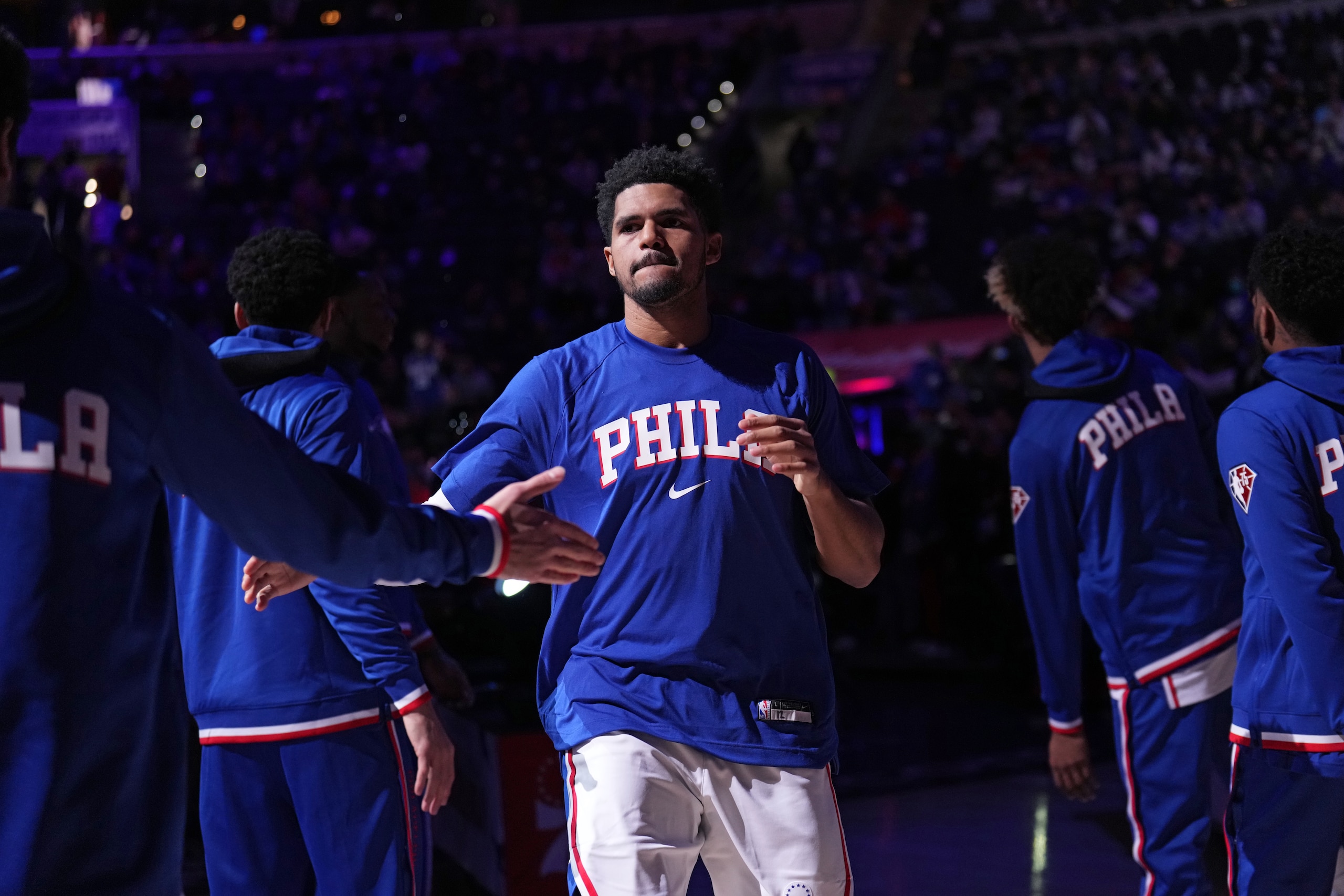 PHILADELPHIA, PA - JANUARY 12: Tobias Harris #12 of the Philadelphia 76ers is introduced prior to a game against the Charlotte Hornets on January 12, 2022 at Wells Fargo Center in Philadelphia, Pennsylvania. NOTE TO USER: User expressly acknowledges and agrees that, by downloading and/or using this Photograph, user is consenting to the terms and conditions of the Getty Images License Agreement. Mandatory Copyright Notice: Copyright 2021 NBAE (Photo by Jesse D. Garrabrant/NBAE via Getty Images)