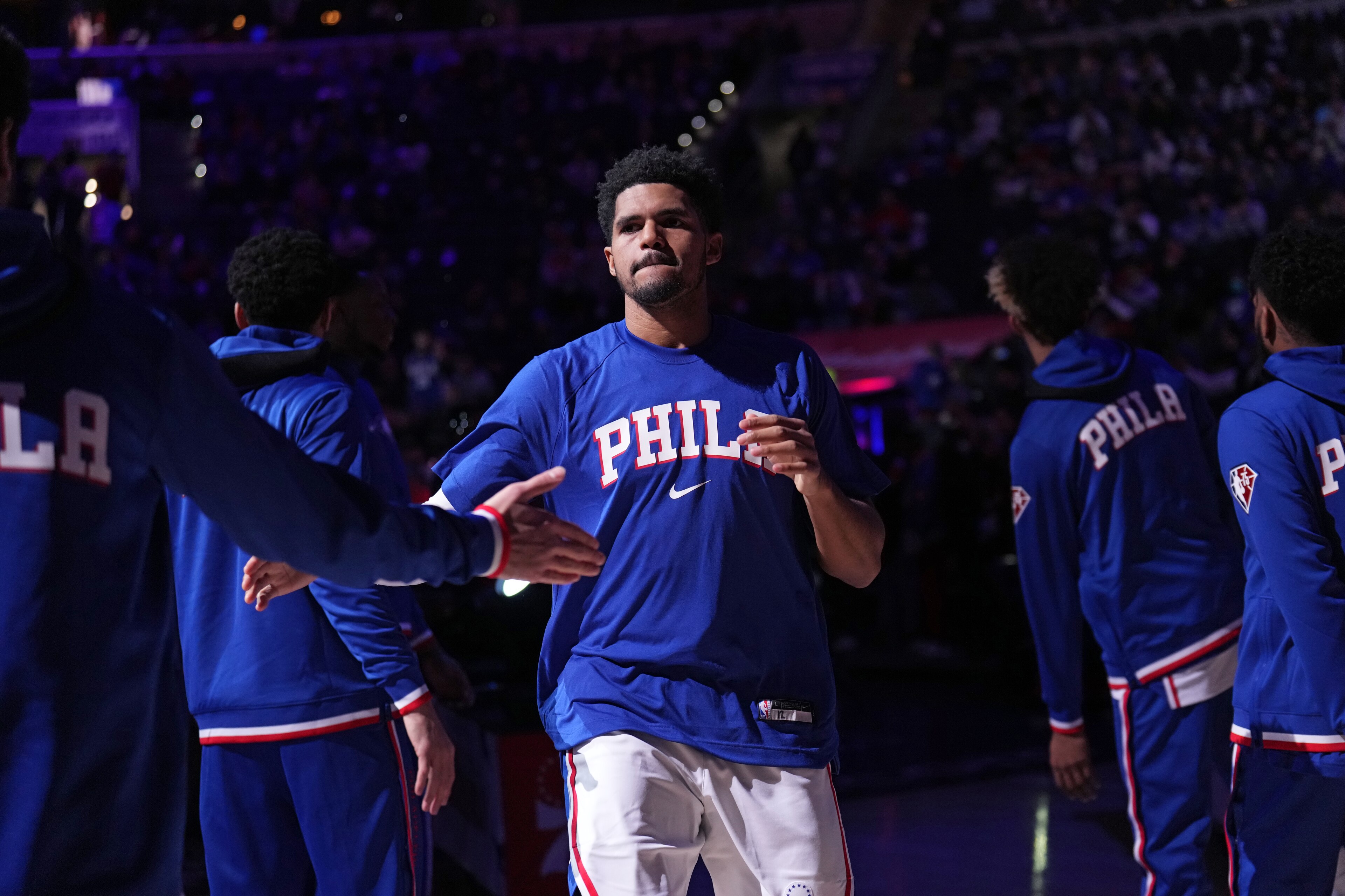 PHILADELPHIA, PA - JANUARY 12: Tobias Harris #12 of the Philadelphia 76ers is introduced prior to a game against the Charlotte Hornets on January 12, 2022 at Wells Fargo Center in Philadelphia, Pennsylvania. NOTE TO USER: User expressly acknowledges and agrees that, by downloading and/or using this Photograph, user is consenting to the terms and conditions of the Getty Images License Agreement. Mandatory Copyright Notice: Copyright 2021 NBAE (Photo by Jesse D. Garrabrant/NBAE via Getty Images) PHILADELPHIA, PA - JANUARY 12: Tobias Harris #12 of the Philadelphia 76ers is introduced prior to a game against the Charlotte Hornets on January 12, 2022 at Wells Fargo Center in Philadelphia, Pennsylvania. NOTE TO USER: User expressly acknowledges and agrees that, by downloading and/or using this Photograph, user is consenting to the terms and conditions of the Getty Images License Agreement. Mandatory Copyright Notice: Copyright 2021 NBAE (Photo by Jesse D. Garrabrant/NBAE via Getty Images)