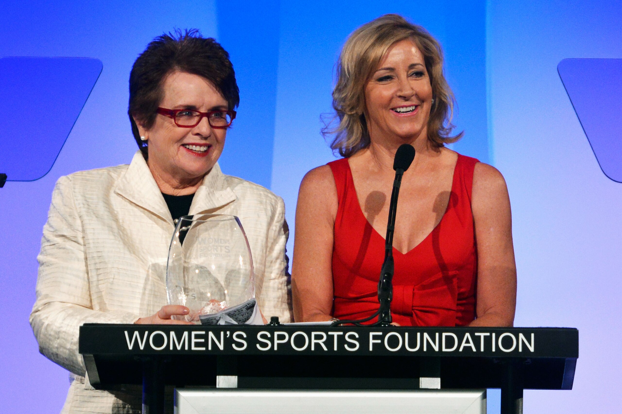 NEW YORK, NY - OCTOBER 17:  Billie Jean King (L) and Christine 'Chris' Evert speak onstage at the 33rd annual Salute To Women In Sports Gala at Cipriani Wall Street on October 17, 2012 in New York City.  (Photo by Mike Coppola/Getty Images)