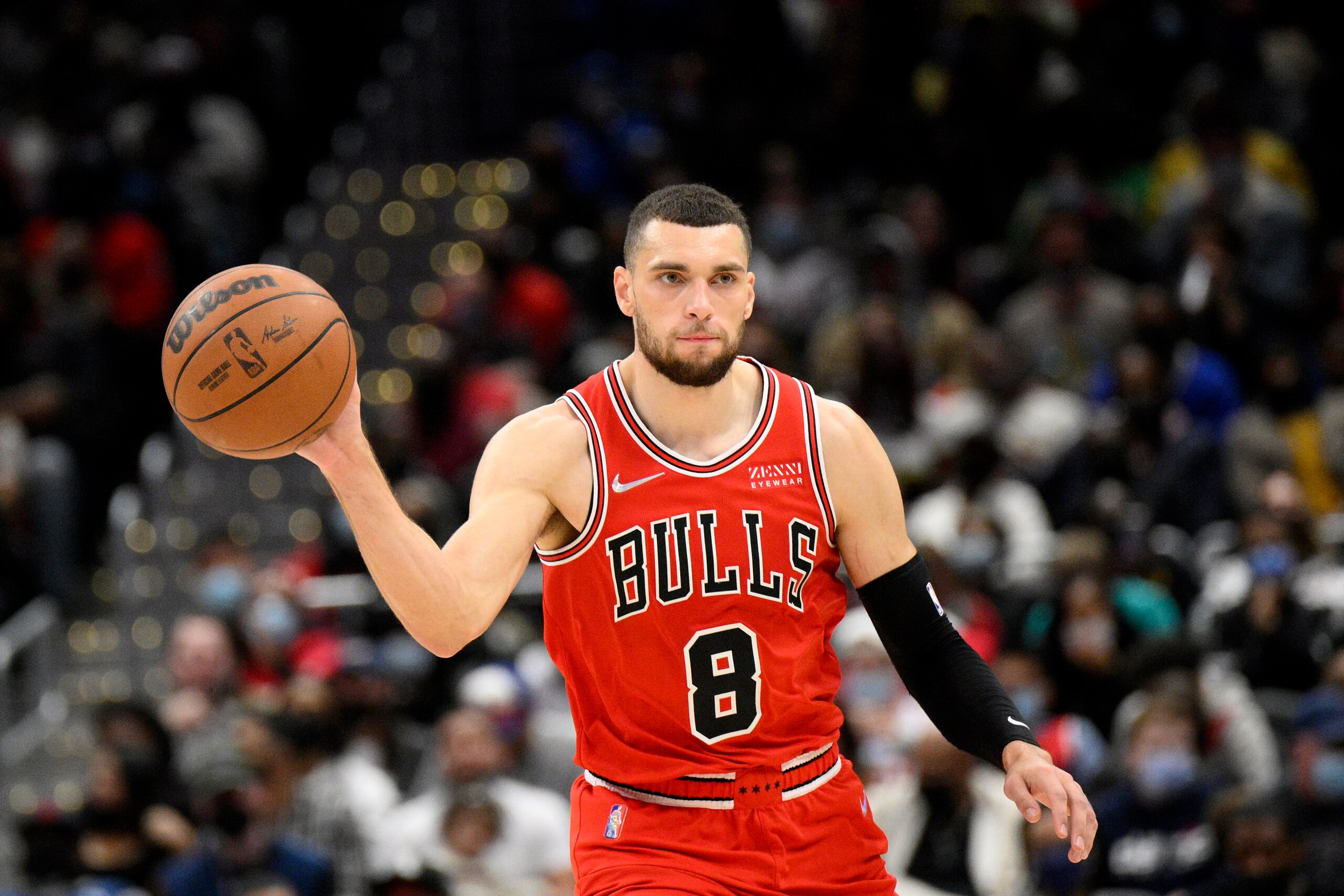 Chicago Bulls guard Zach LaVine (8) in action during the first half of an NBA basketball game against the Washington Wizards, Saturday, Jan. 1, 2022, in Washington. (AP Photo/Nick Wass)