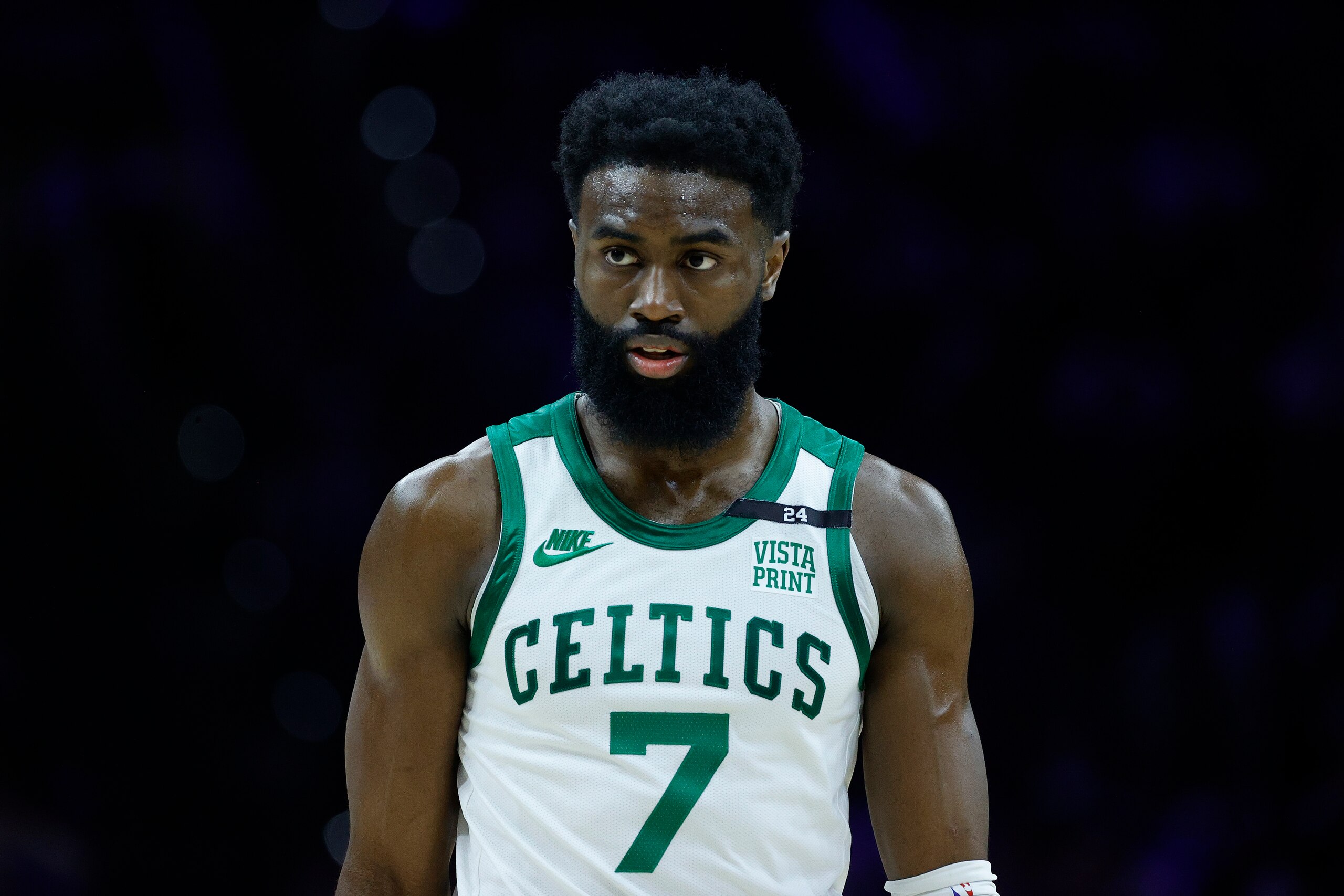 PHILADELPHIA, PENNSYLVANIA - JANUARY 14: Jaylen Brown #7 of the Boston Celtics looks on during the second quarter against the Philadelphia 76ers at Wells Fargo Center on January 14, 2022 in Philadelphia, Pennsylvania. NOTE TO USER: User expressly acknowledges and agrees that, by downloading and or using this photograph, User is consenting to the terms and conditions of the Getty Images License Agreement. (Photo by Tim Nwachukwu/Getty Images)