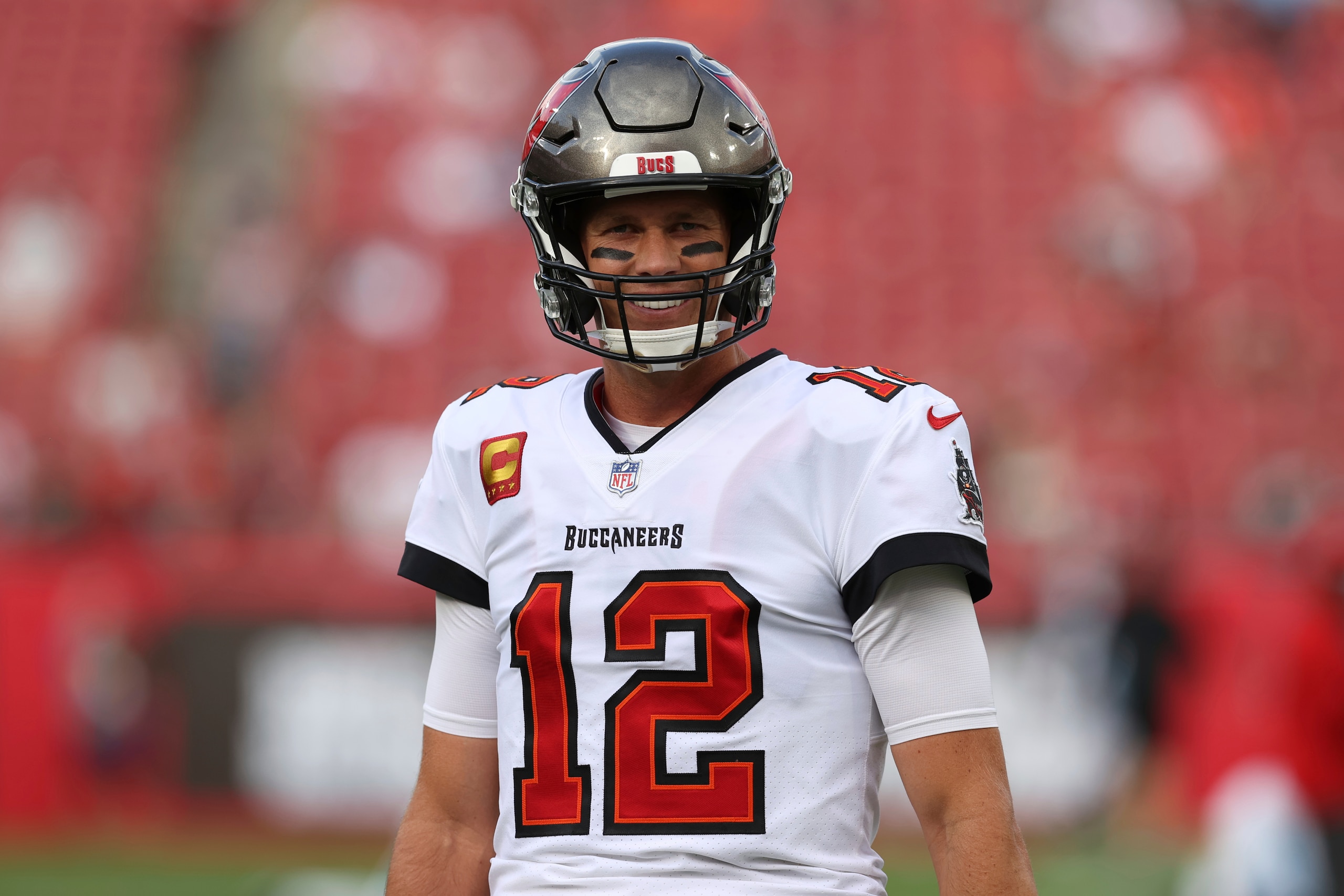 Tampa Bay Buccaneers quarterback Tom Brady before an NFL football game against the Carolina Panthers Sunday, Jan. 9, 2022, in Tampa, Fla. (AP Photo/Mark LoMoglio)