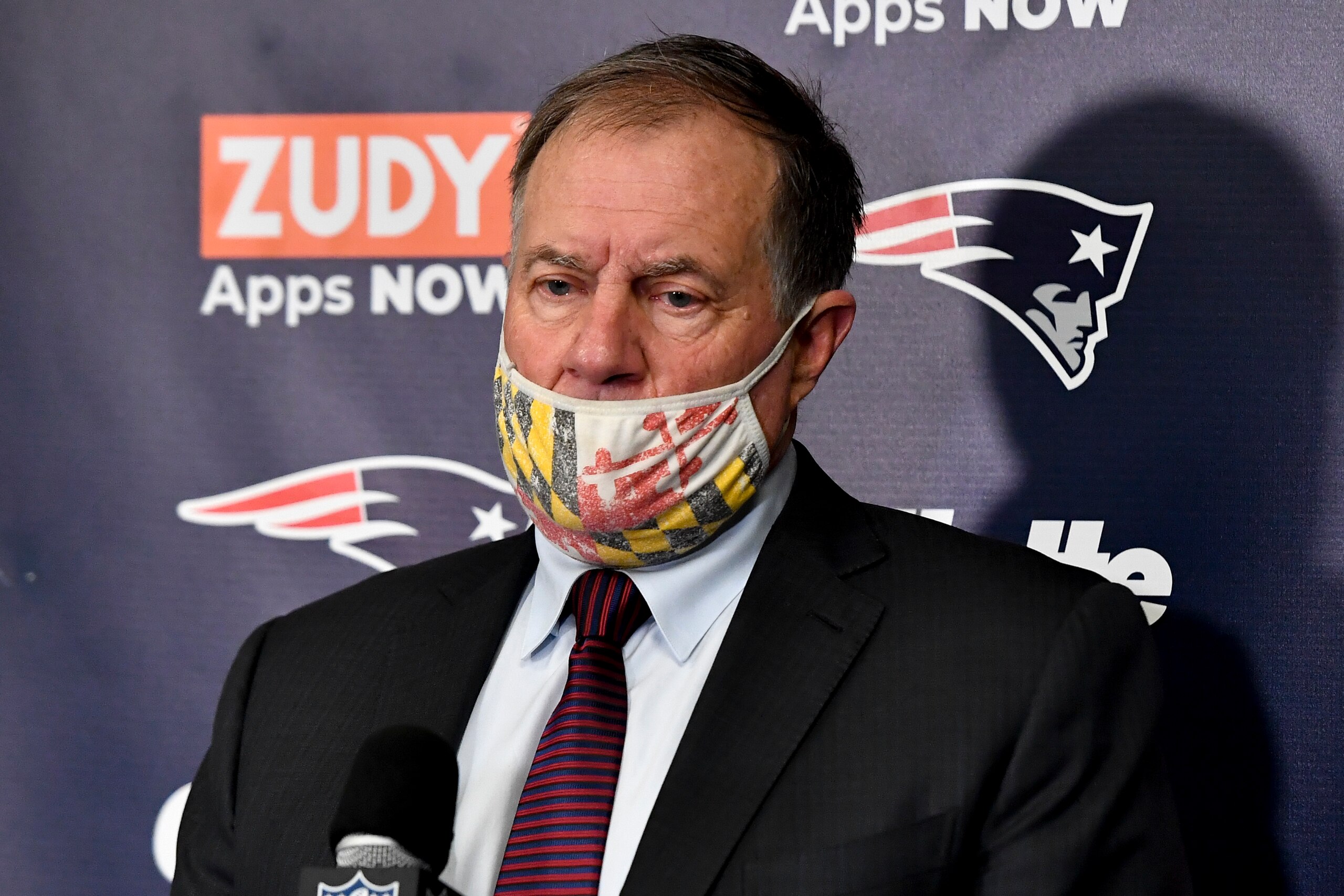 New England Patriots head coach Bill Belichick attends a news conference after an NFL wild-card playoff football game against the Buffalo Bills, Saturday, Jan. 15, 2022, in Orchard Park, N.Y. (AP Photo/Adrian Kraus)