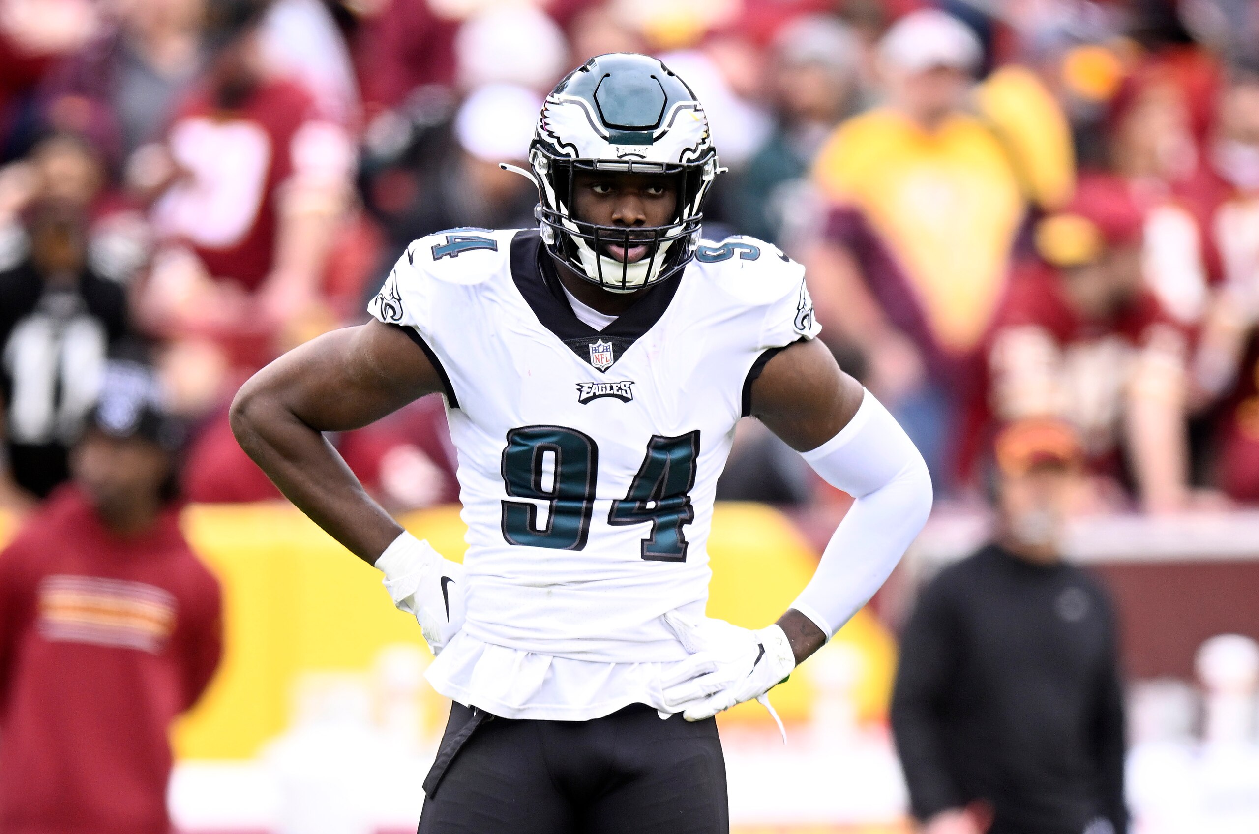 LANDOVER, MARYLAND - JANUARY 02: Josh Sweat #94 of the Philadelphia Eagles rests during a break in the game against the Washington Football Team at FedExField on January 02, 2022 in Landover, Maryland. (Photo by G Fiume/Getty Images) LANDOVER, MARYLAND - JANUARY 02: Josh Sweat #94 of the Philadelphia Eagles rests during a break in the game against the Washington Football Team at FedExField on January 02, 2022 in Landover, Maryland. (Photo by G Fiume/Getty Images)
