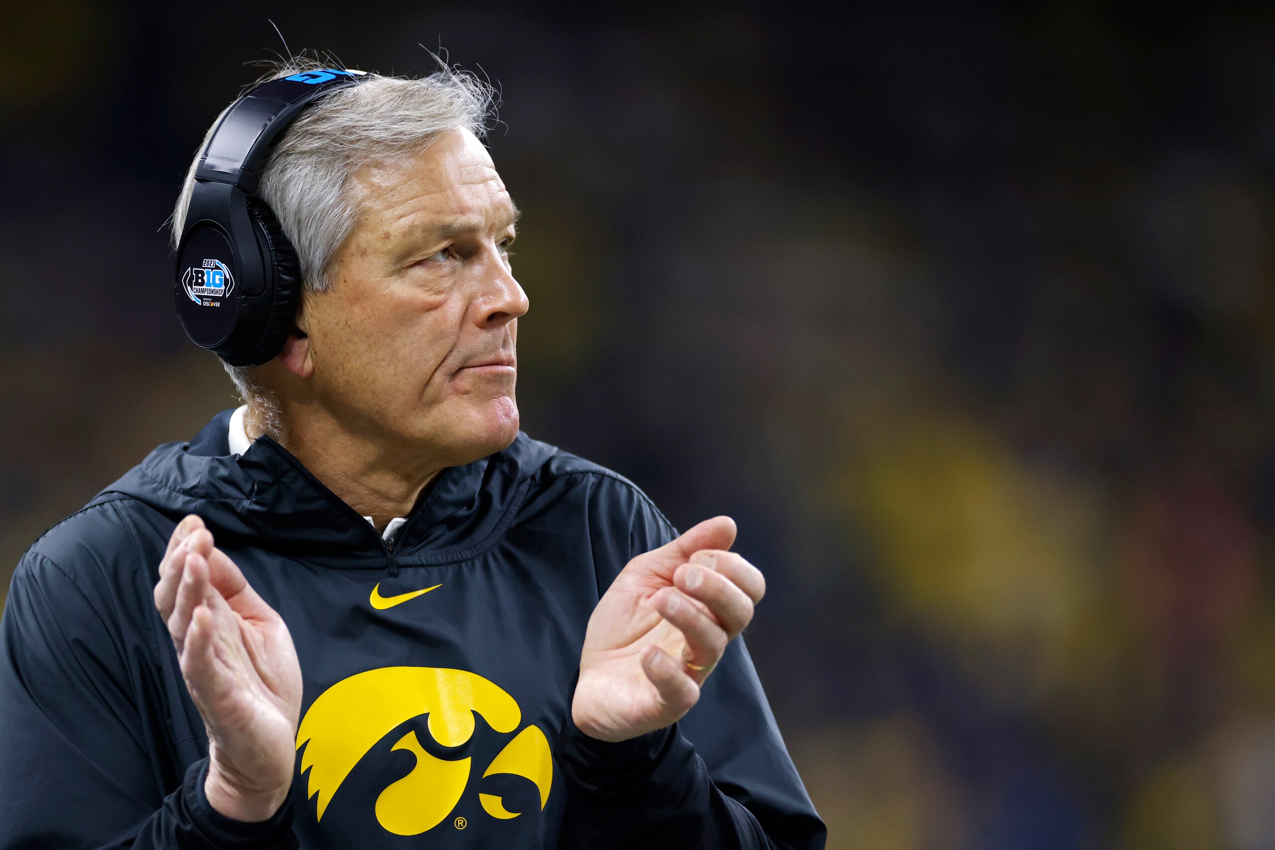 INDIANAPOLIS, IN - DECEMBER 04: Iowa Hawkeyes head coach Kirk Ferentz looks on during the Big Ten Championship college football game against the Michigan Wolverines on Dec. 4, 2021 at Lucas Oil Stadium in Indianapolis, Indiana. (Photo by Joe Robbins/Icon Sportswire via Getty Images) INDIANAPOLIS, IN - DECEMBER 04: Iowa Hawkeyes head coach Kirk Ferentz looks on during the Big Ten Championship college football game against the Michigan Wolverines on Dec. 4, 2021 at Lucas Oil Stadium in Indianapolis, Indiana. (Photo by Joe Robbins/Icon Sportswire via Getty Images)