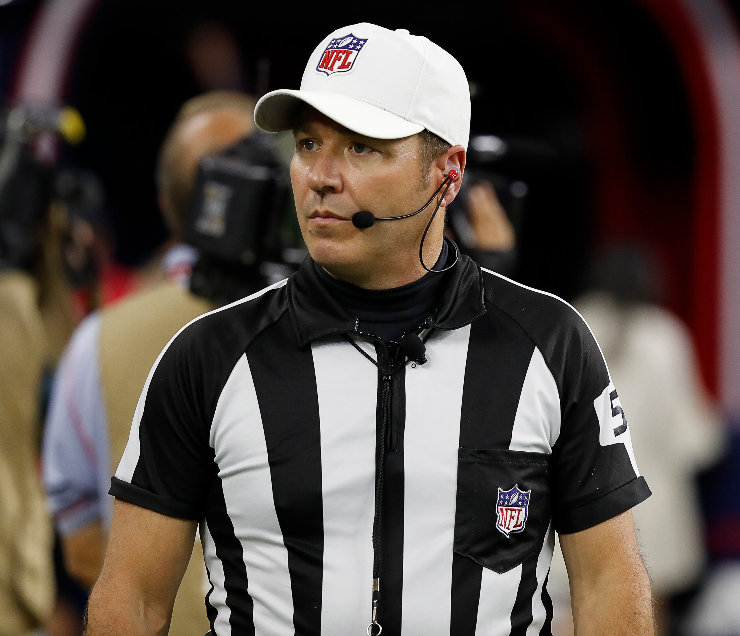 HOUSTON, TEXAS - SEPTEMBER 23: Referee Alex Kemp #55 at NRG Stadium as the Carolina Panthers play the Houston Texans on September 23, 2021 in Houston, Texas. (Photo by Bob Levey/Getty Images)