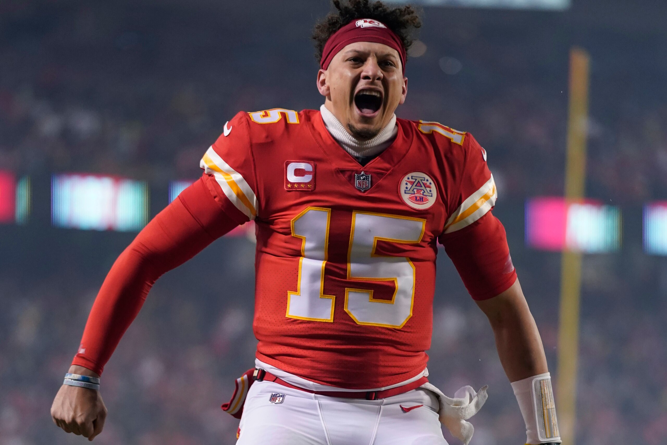 Kansas City Chiefs quarterback Patrick Mahomes (15) reacts on the field before an NFL wild-card playoff football game against the Pittsburgh Steelers, Sunday, Jan. 16, 2022, in Kansas City, Mo. (AP Photo/Ed Zurga)