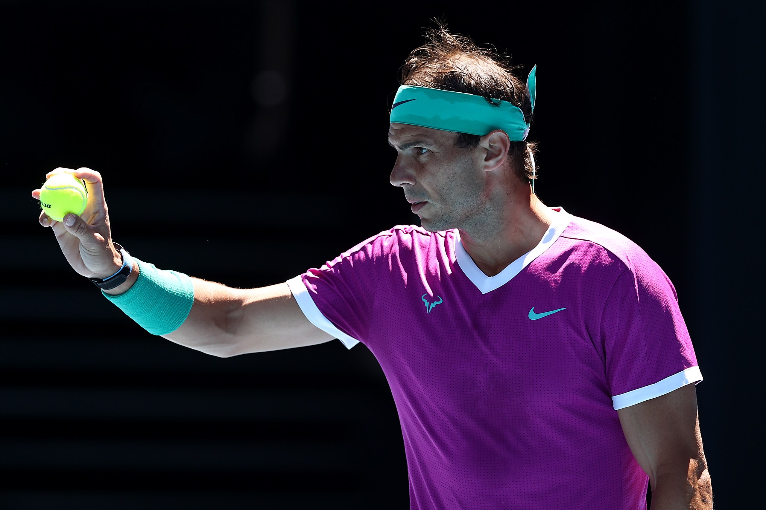 MELBOURNE, AUSTRALIA - JANUARY 17: Rafael Nadal of Spain prepares to serve in his first round singles match against Marcos Giron of United States during day one of the 2022 Australian Open at Melbourne Park on January 17, 2022 in Melbourne, Australia. (Photo by Cameron Spencer/Getty Images) MELBOURNE, AUSTRALIA - JANUARY 17: Rafael Nadal of Spain prepares to serve in his first round singles match against Marcos Giron of United States during day one of the 2022 Australian Open at Melbourne Park on January 17, 2022 in Melbourne, Australia. (Photo by Cameron Spencer/Getty Images)