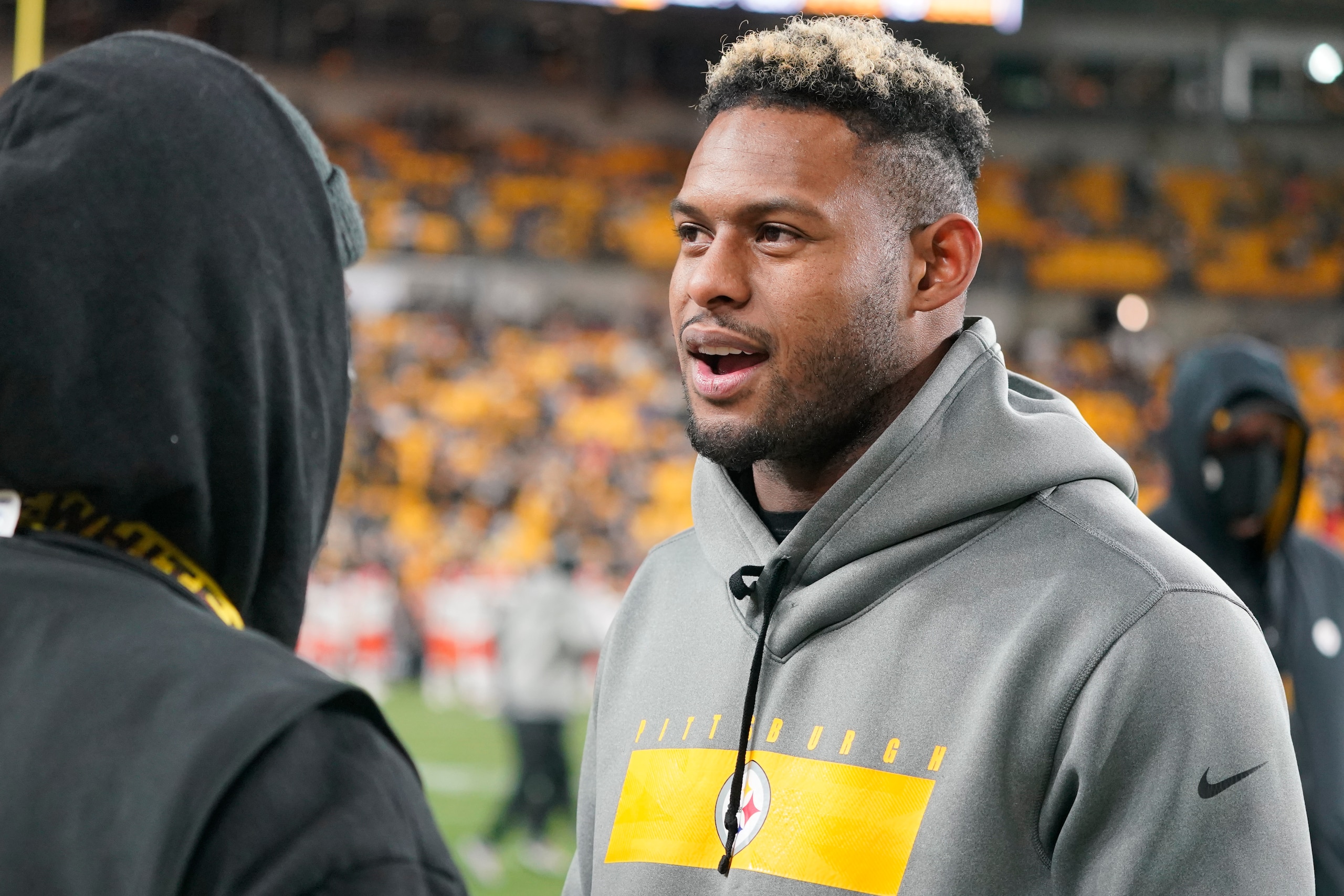 Pittsburgh Steelers wide receiver JuJu Smith-Schuster (19) walls the sideline as the team warms up before an NFL football game against the Cleveland Browns, Monday, Jan. 3, 2022, in Pittsburgh. (AP Photo/Gene J. Puskar)