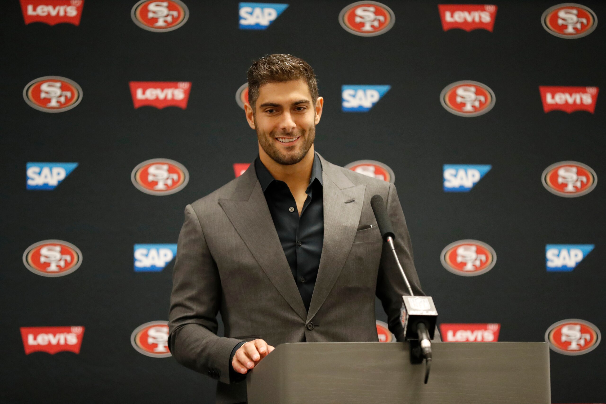 San Francisco 49ers quarterback Jimmy Garoppolo participates in a post game press conference after an NFL football game against the Dallas Cowboys in Arlington, Texas, Sunday, Jan. 16, 2022. San Francisco beat Dallas 23-17. (AP Photo/Roger Steinman)