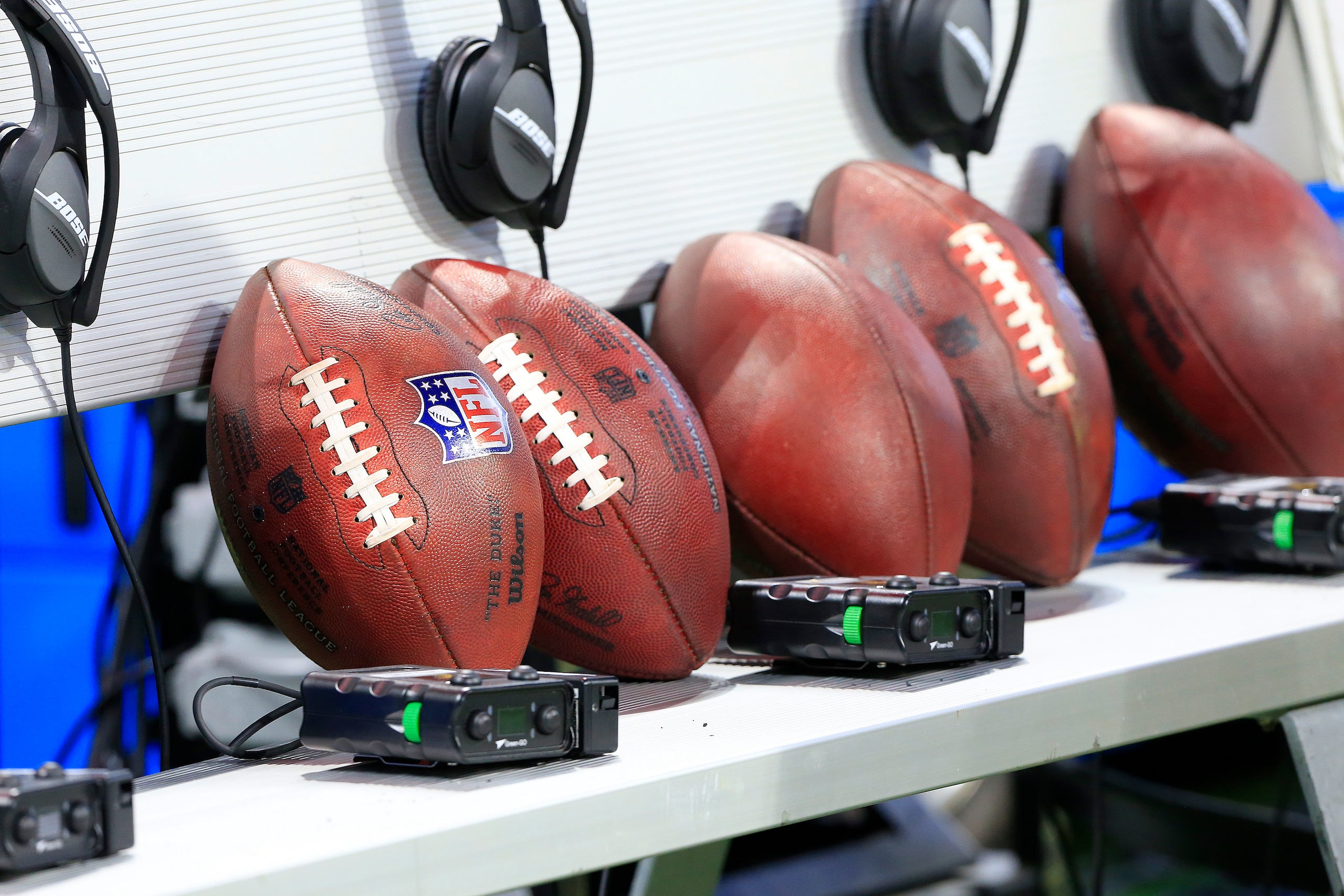 ATLANTA, GA - JANUARY 09: Official NFL footballs on the bench before the final NFL regular season game between the Atlanta Falcions and the New Orleans Saints on January 9, 2022 at Mercedes-Benz Stadium in Atlanta, Georgia. (Photo by David J. Griffin/Icon Sportswire via Getty Images) ATLANTA, GA - JANUARY 09: Official NFL footballs on the bench before the final NFL regular season game between the Atlanta Falcions and the New Orleans Saints on January 9, 2022 at Mercedes-Benz Stadium in Atlanta, Georgia. (Photo by David J. Griffin/Icon Sportswire via Getty Images)