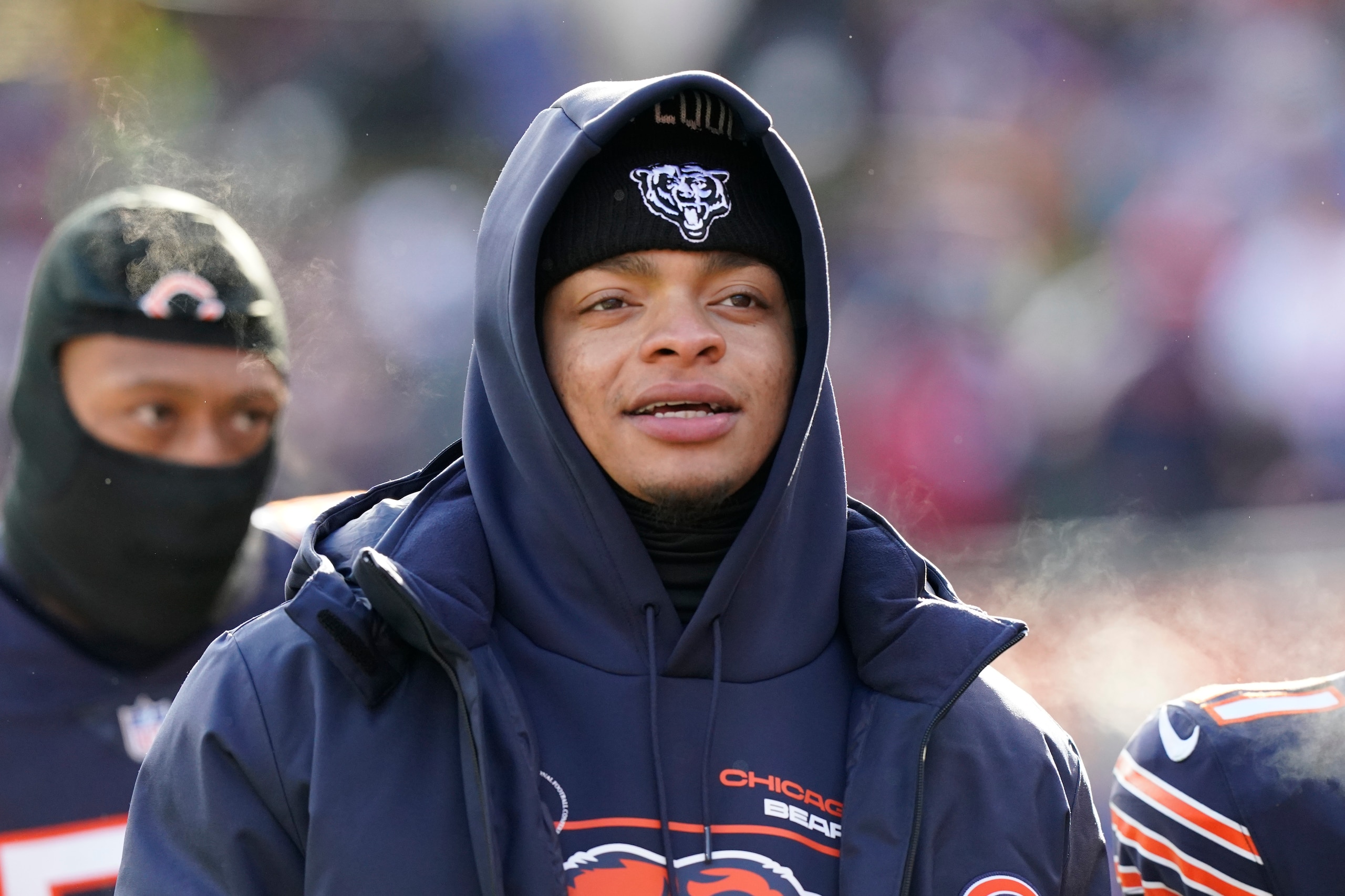 Chicago Bears quarterback Justin Fields walks off the field at halftime of an NFL football game between the Bears and the New York Giants Sunday, Jan. 2, 2022, in Chicago. (AP Photo/Nam Y. Huh) Chicago Bears quarterback Justin Fields walks off the field at halftime of an NFL football game between the Bears and the New York Giants Sunday, Jan. 2, 2022, in Chicago. (AP Photo/Nam Y. Huh)