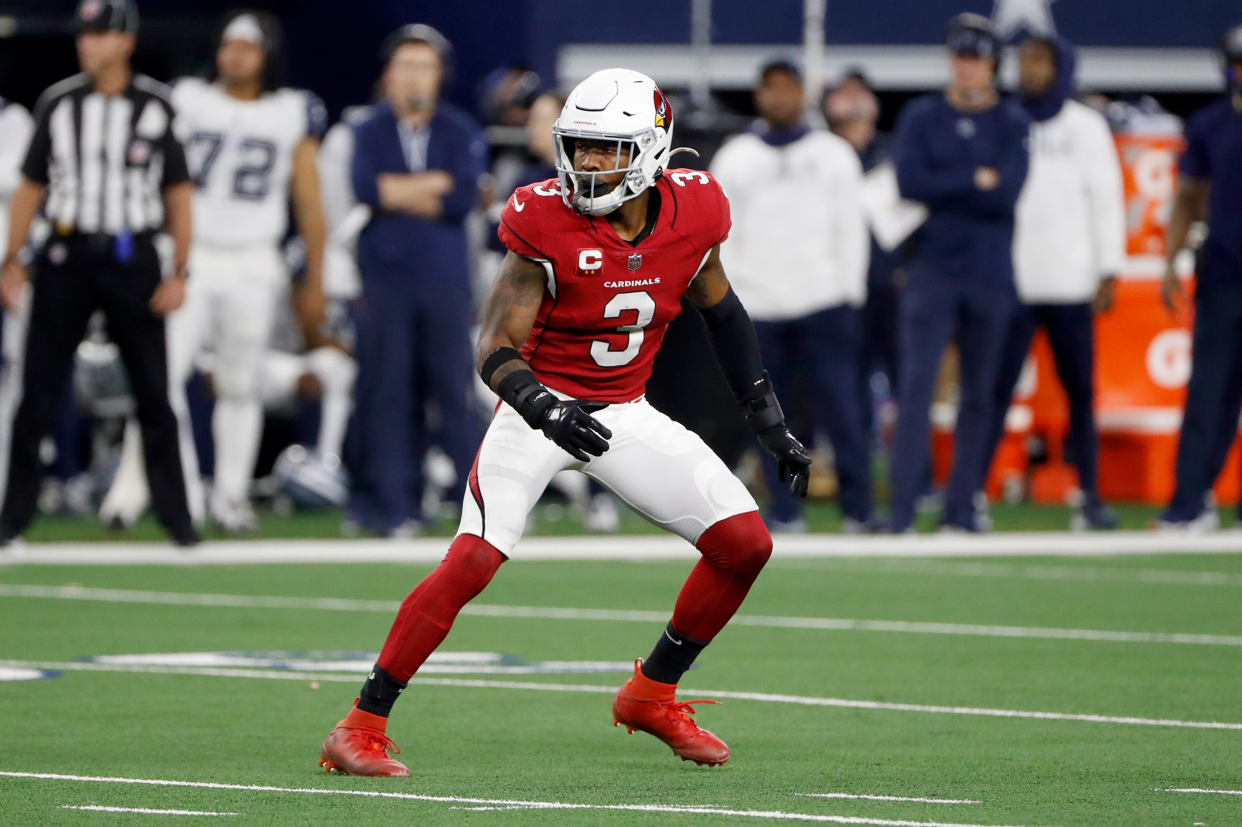 Arizona Cardinals safety Budda Baker drops into pass coverage during the second half of an NFL football game against the Dallas Cowboys in Arlington, Texas, Sunday, Jan. 2, 2022. (AP Photo/Roger Steinman)