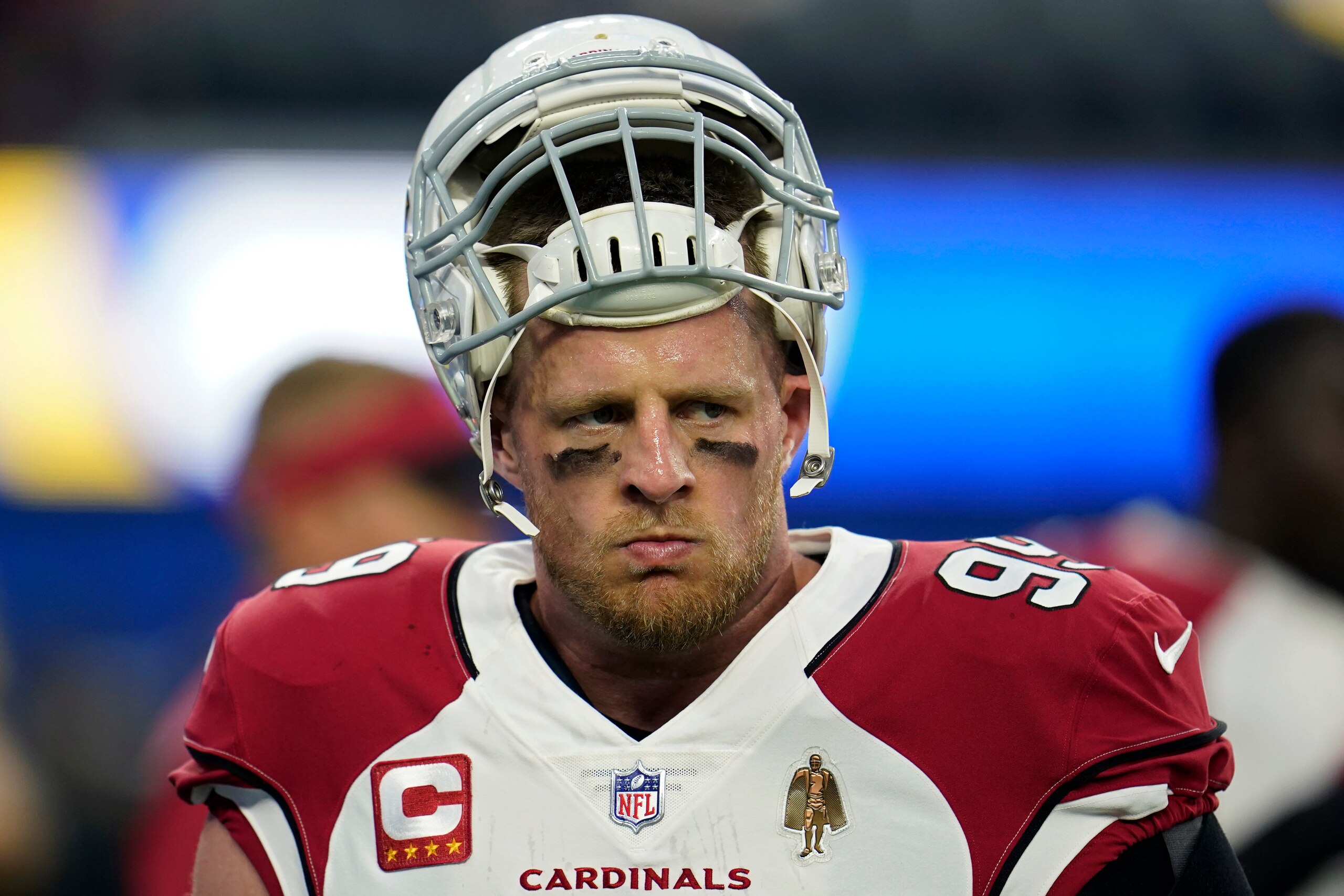 Arizona Cardinals defensive end J.J. Watt warms up before an NFL wild-card playoff football game against the Los Angeles Rams in Inglewood, Calif., Monday, Jan. 17, 2022. (AP Photo/Marcio Jose Sanchez)