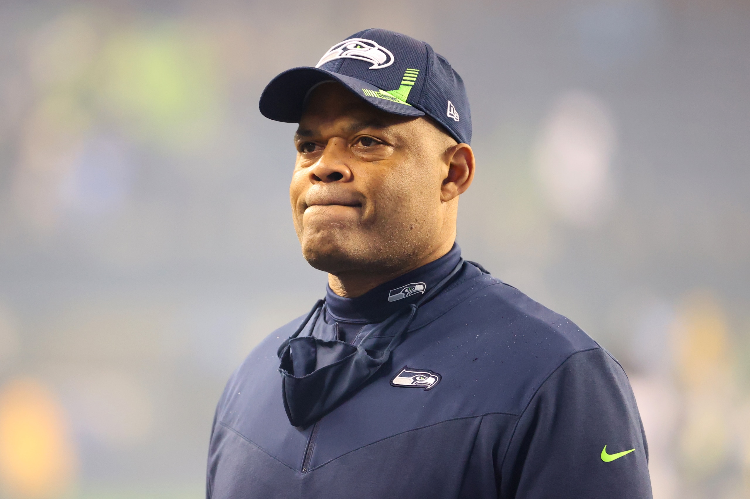 SEATTLE, WASHINGTON - JANUARY 02: Defensive Coordinator Ken Norton Jr. of the Seattle Seahawks exits the field after the Seattle Seahawks defeated the Detroit Lions by a score of 51-29 at Lumen Field on January 02, 2022 in Seattle, Washington. (Photo by Abbie Parr/Getty Images)