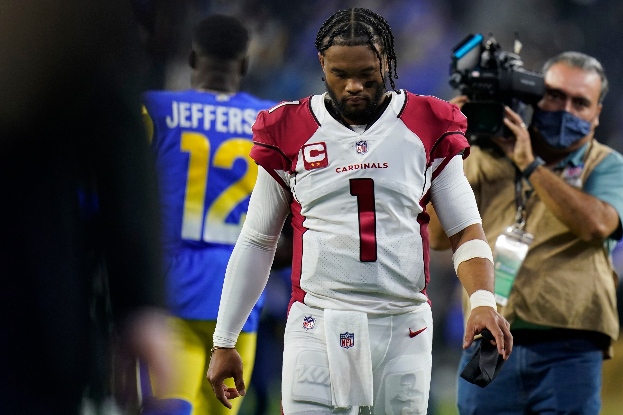 Arizona Cardinals quarterback Kyler Murray (1) walks off the field after the Los Angeles Rams defeated the Cardinals in an NFL wild-card playoff football game in Inglewood, Calif., Monday, Jan. 17, 2022. (AP Photo/Jae C. Hong)