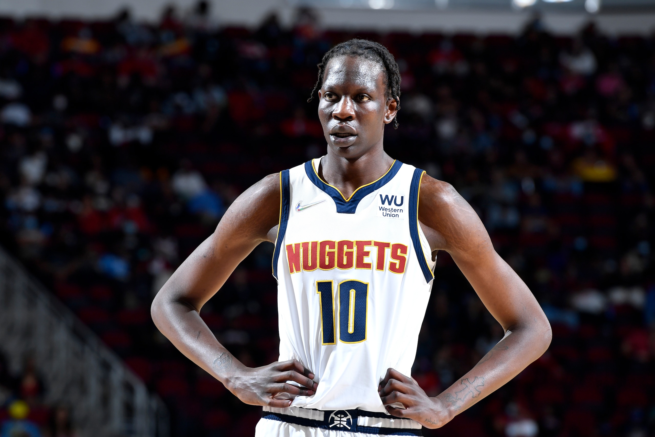 HOUSTON, TX - JANUARY 1: Bol Bol #10 of the Denver Nuggets looks on during the game against the Houston Rockets on January 1, 2022 at the Toyota Center in Houston, Texas. NOTE TO USER: User expressly acknowledges and agrees that, by downloading and or using this photograph, User is consenting to the terms and conditions of the Getty Images License Agreement. Mandatory Copyright Notice: Copyright 2022 NBAE (Photo by Logan Riely/NBAE via Getty Images)