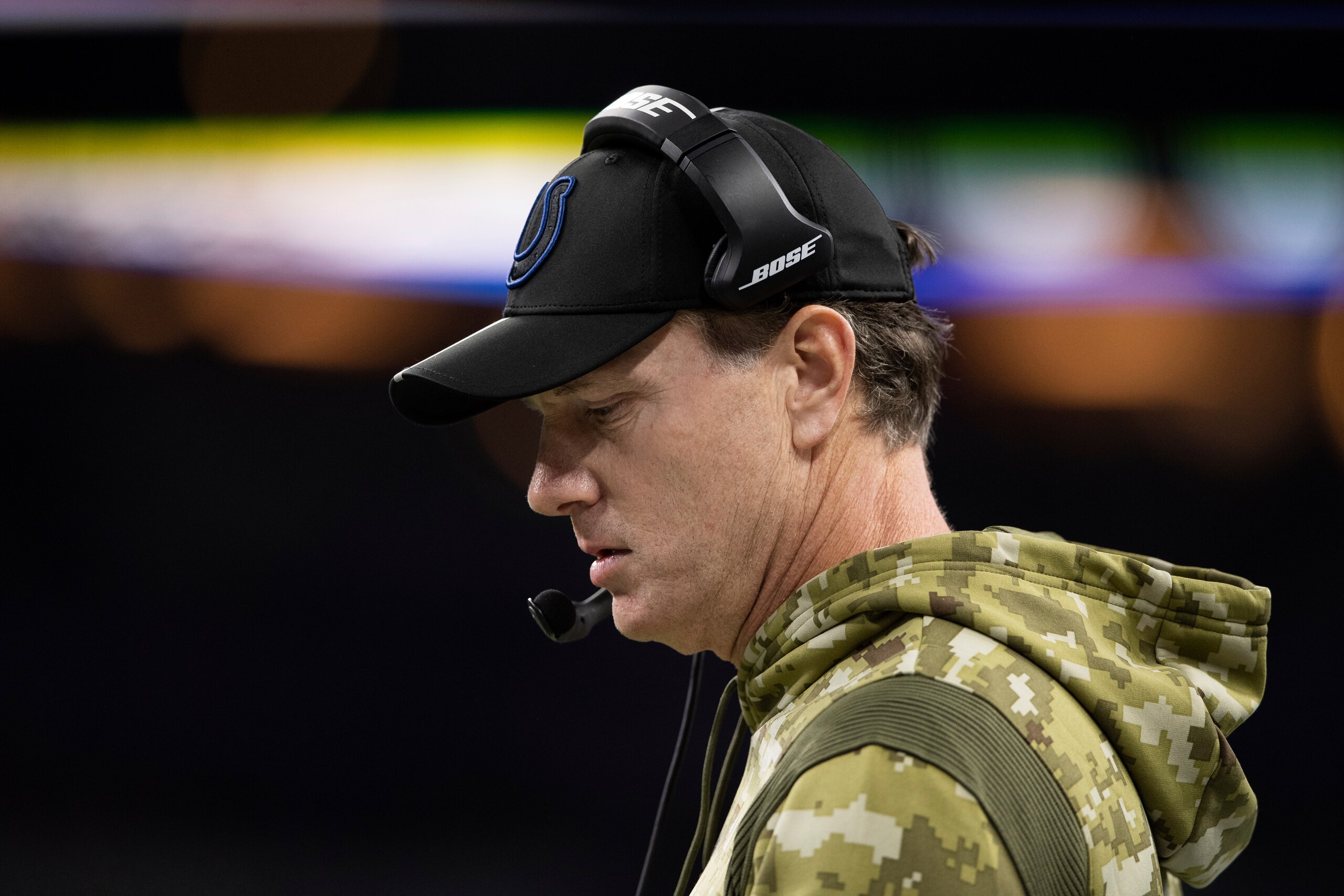 Indianapolis Colts defensive coordinator Matt Eberflus on the sidelines during an NFL football game against the Jacksonville Jaguars, Sunday, Nov. 14, 2021, in Indianapolis. (AP Photo/Zach Bolinger)