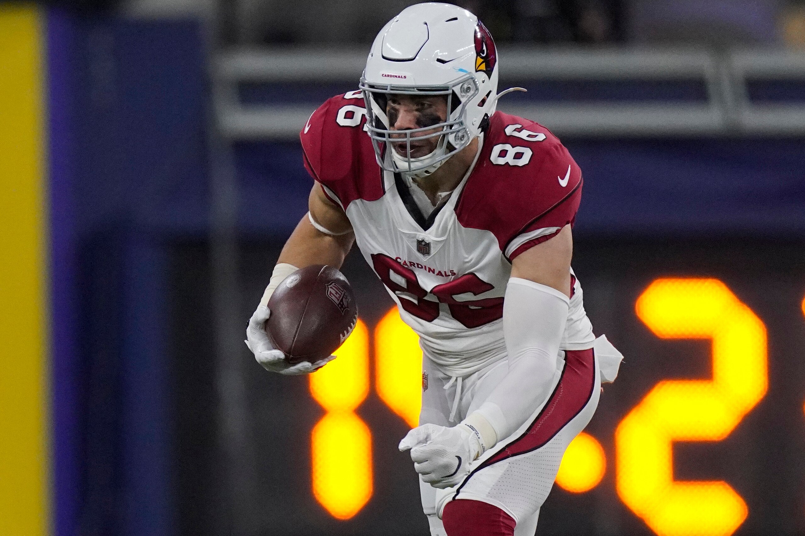 Arizona Cardinals tight end Zach Ertz (86) runs against the Los Angeles Rams during the second half of an NFL wild-card playoff football game in Inglewood, Calif., Monday, Jan. 17, 2022. (AP Photo/Mark J. Terrill)