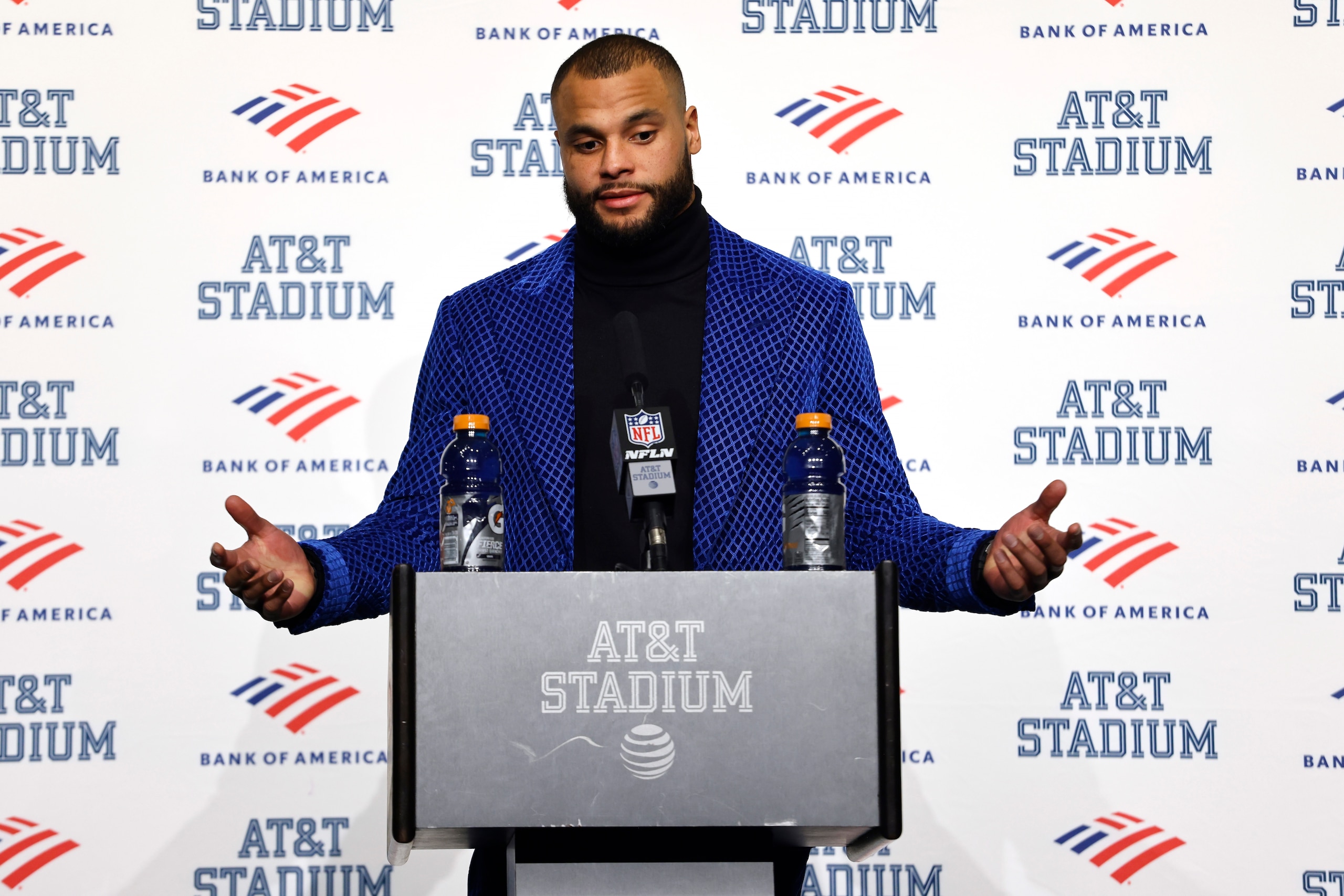 Dallas Cowboys quarterback Dak Prescott speaks during a news conference following an NFL wild-card playoff football game against the San Francisco 49ers in Arlington, Texas, Sunday, Jan. 16, 2022. (AP Photo/Ron Jenkins) Dallas Cowboys quarterback Dak Prescott speaks during a news conference following an NFL wild-card playoff football game against the San Francisco 49ers in Arlington, Texas, Sunday, Jan. 16, 2022. (AP Photo/Ron Jenkins)