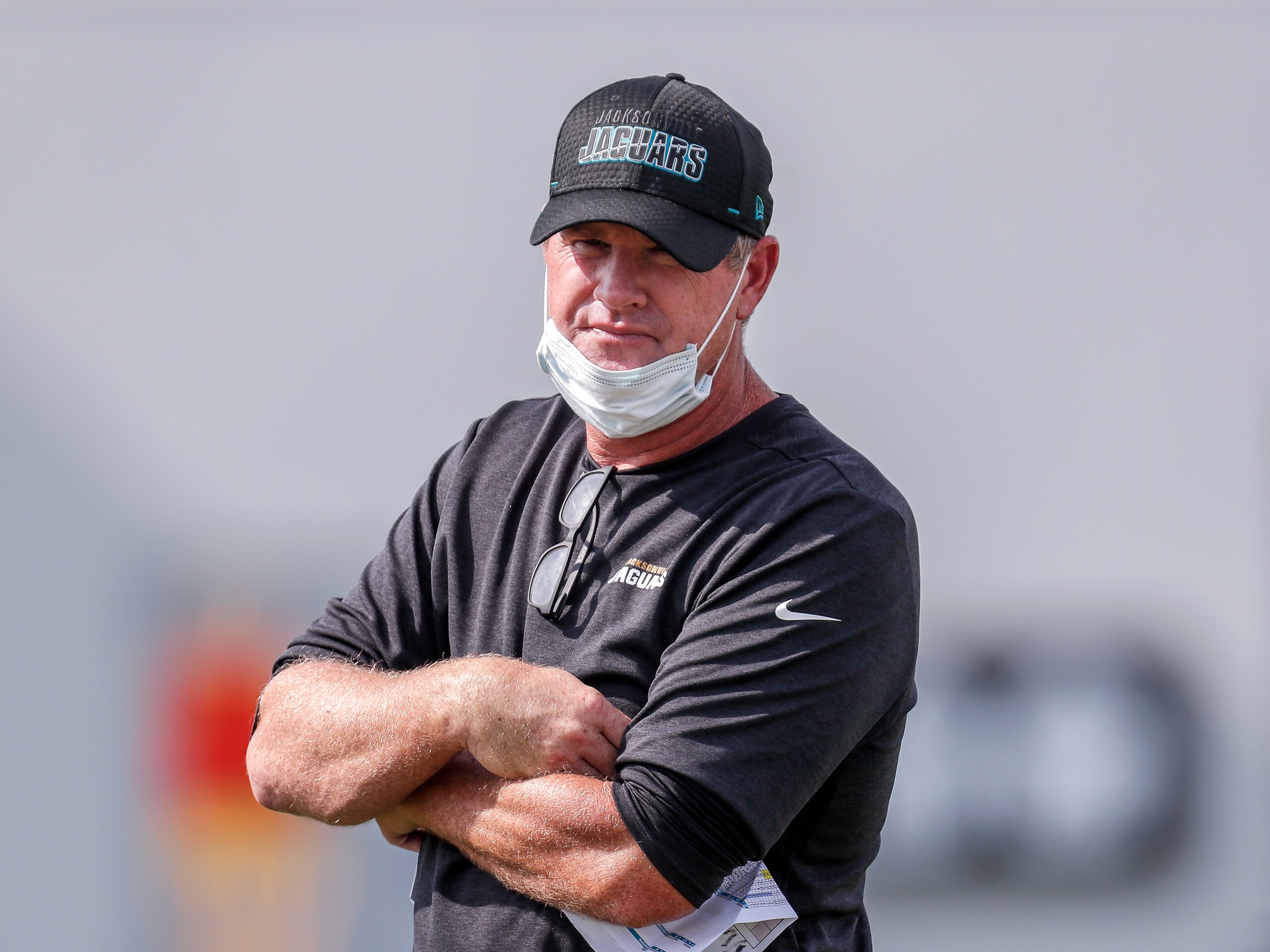 JACKSONVILLE, FL - AUGUST 12: Offiensive Coordinator Jay Gruden of the Jacksonville Jaguars looks on during training camp at Dream Finders Home Practice Fields on August 12, 2020 in Jacksonville, Florida. (Photo by Don Juan Moore/Getty Images)