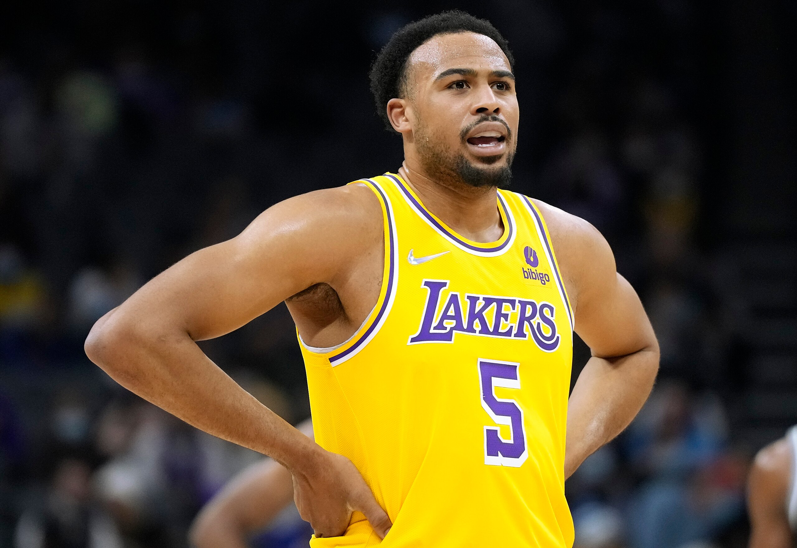 SACRAMENTO, CALIFORNIA - JANUARY 12: Talen Horton-Tucker #5 of the Los Angeles Lakers looks on against the Sacramento Kings during the first quarter at Golden 1 Center on January 12, 2022 in Sacramento, California. NOTE TO USER: User expressly acknowledges and agrees that, by downloading and or using this photograph, User is consenting to the terms and conditions of the Getty Images License Agreement. (Photo by Thearon W. Henderson/Getty Images)