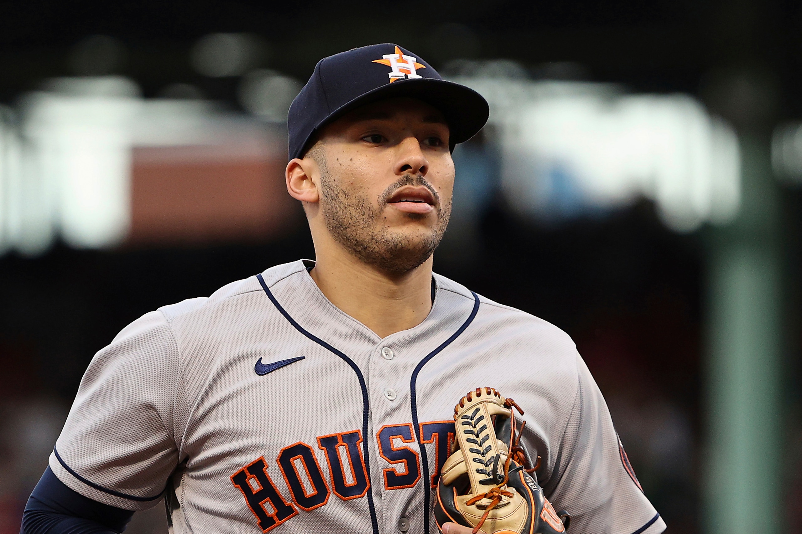 Houston Astros' Carlos Correa during Game 5 of the American League Championship Series against the Boston Red Sox Wednesday, Oct. 20, 2021, at Fenway Park in Boston. (AP Photo/Winslow Townson)