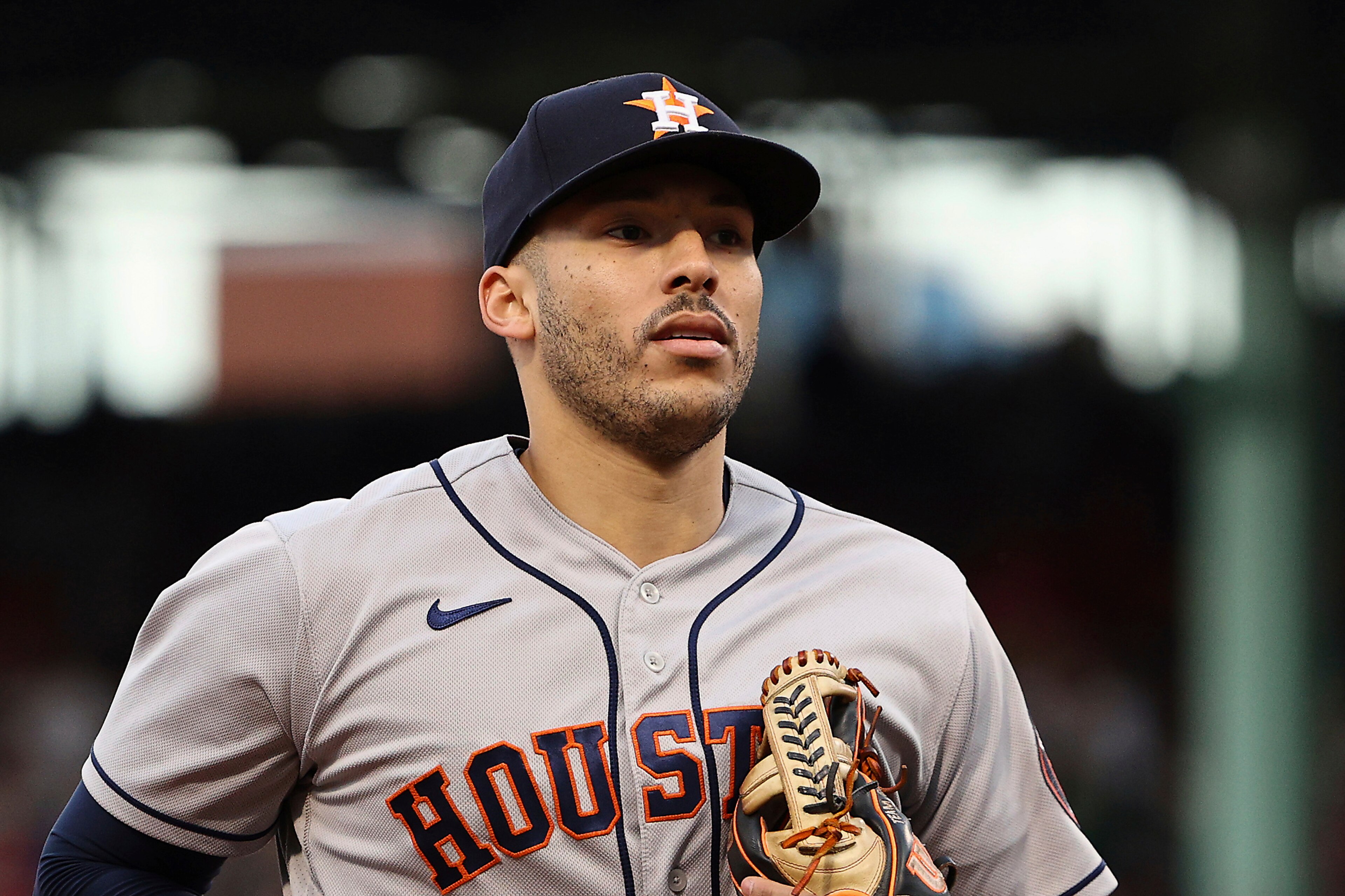 Houston Astros' Carlos Correa during Game 5 of the American League Championship Series against the Boston Red Sox Wednesday, Oct. 20, 2021, at Fenway Park in Boston. (AP Photo/Winslow Townson) Houston Astros' Carlos Correa during Game 5 of the American League Championship Series against the Boston Red Sox Wednesday, Oct. 20, 2021, at Fenway Park in Boston. (AP Photo/Winslow Townson)