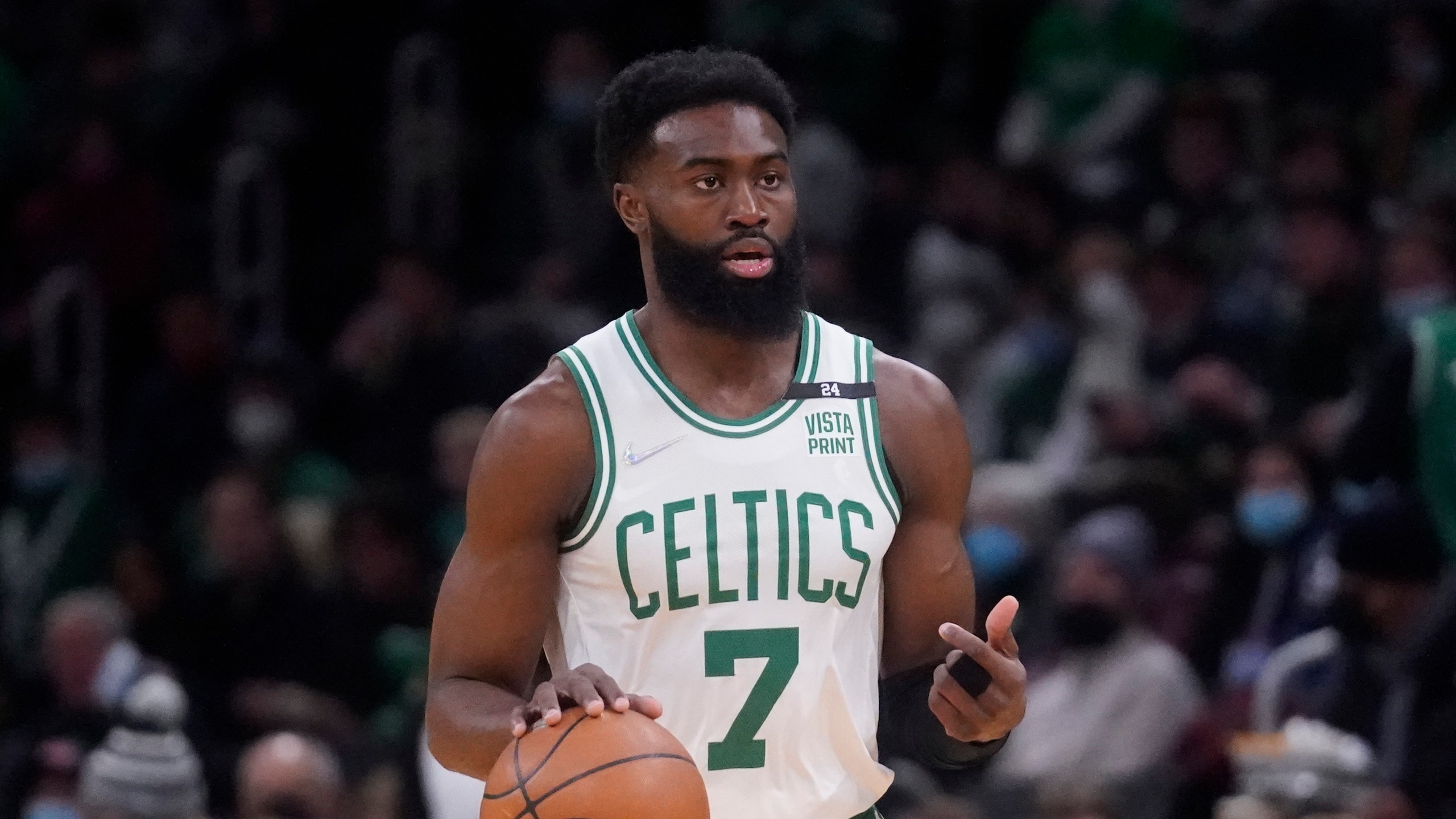 Boston Celtics guard Jaylen Brown (7) during the second half of an NBA basketball game, Monday, Jan. 10, 2022, in Boston. (AP Photo/Charles Krupa)