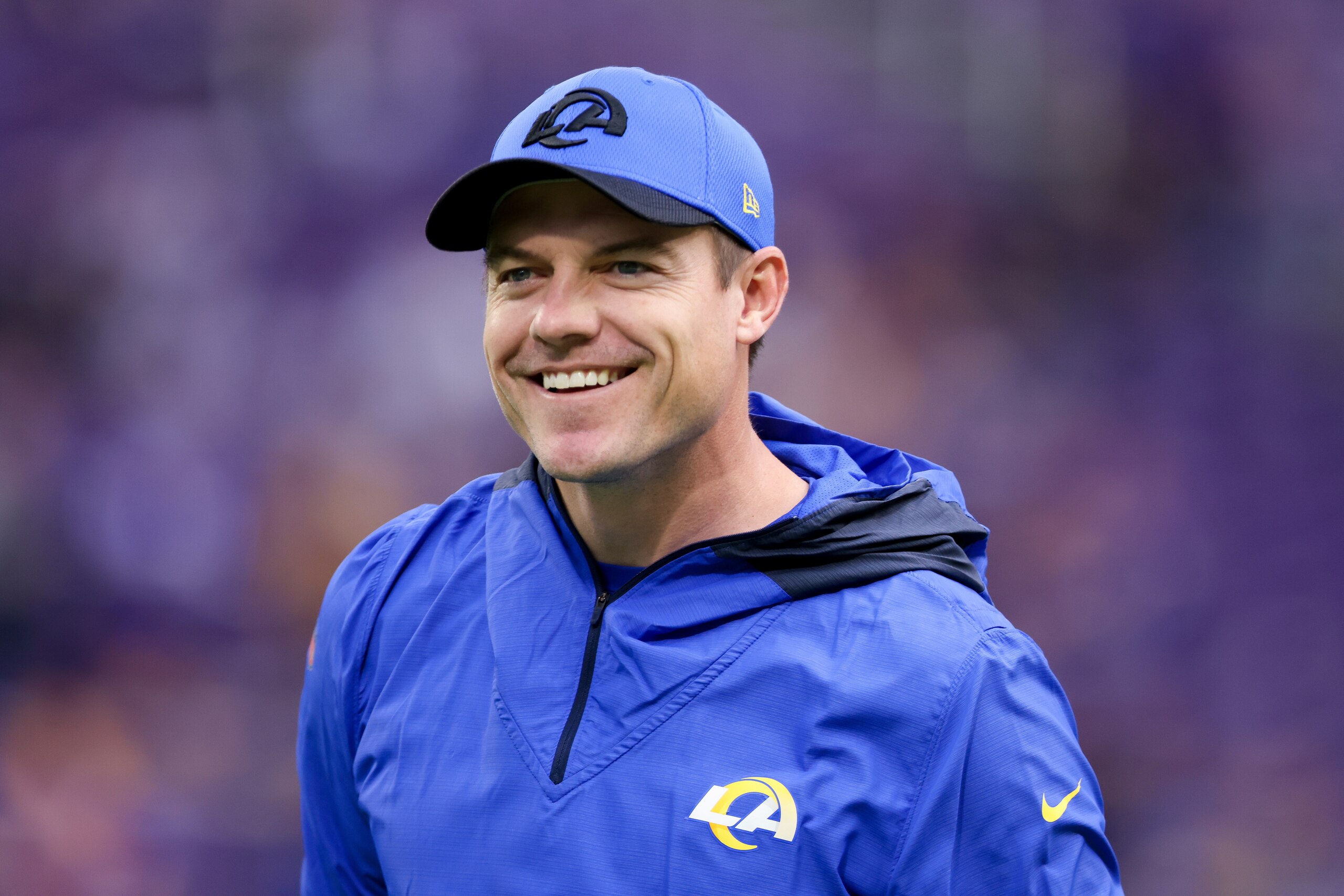 Los Angeles Rams offensive coordinator Kevin O'Connell on the field during pregame warmups prior to an NFL football game against the Minnesota Vikings, Sunday, Dec. 26, 2021 in Minneapolis. (AP Photo/Stacy Bengs)