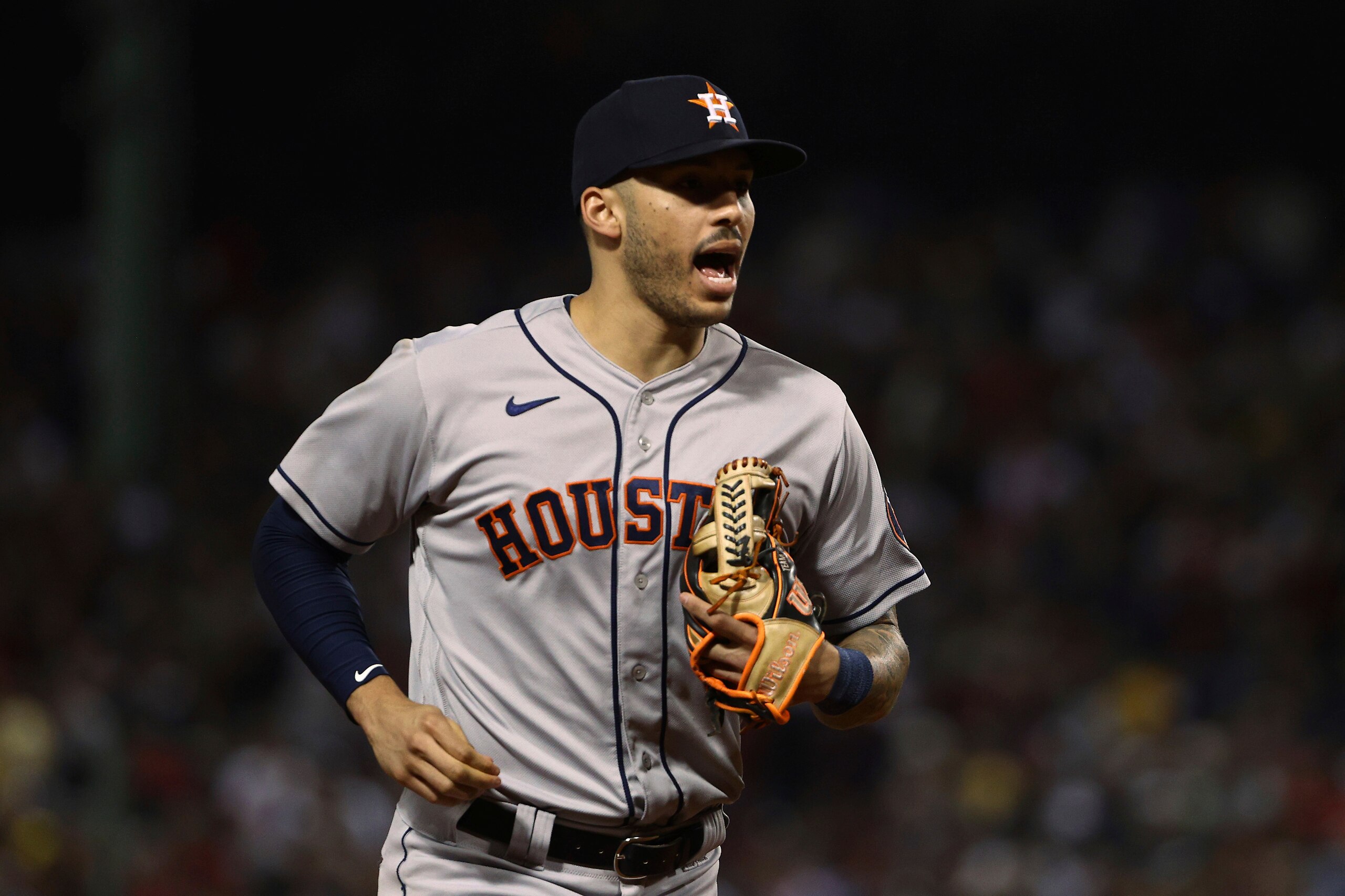 Houston Astros' Carlos Correa during Game 5 of the American League Championship Series against the Boston Red Sox Wednesday, Oct. 20, 2021, at Fenway Park in Boston. (AP Photo/Winslow Townson)