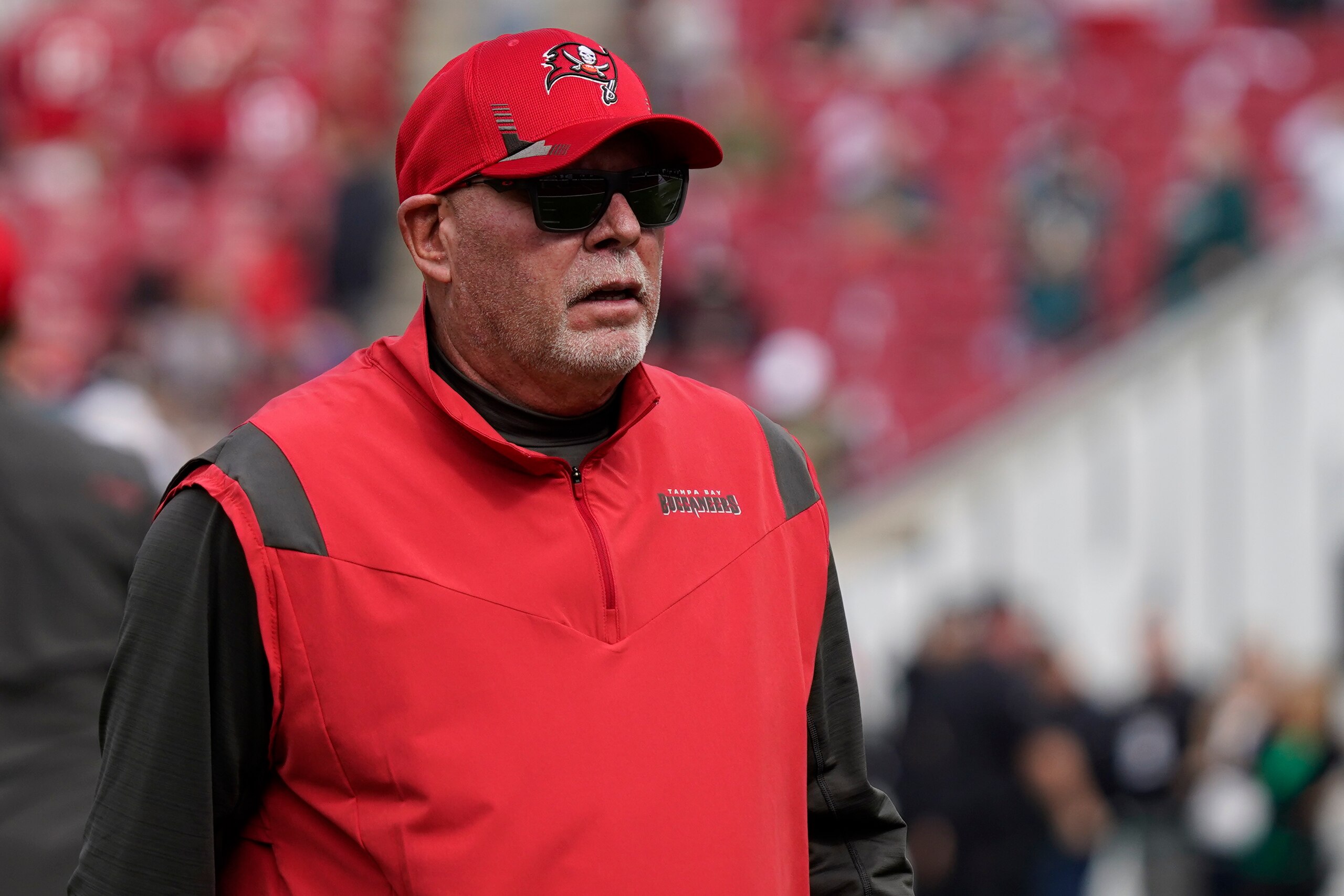 Tampa Bay Buccaneers head coach Bruce Arians before an NFL wild-card football game against the Philadelphia Eagles Sunday, Jan. 16, 2022, in Tampa, Fla. (AP Photo/Chris O'Meara)
