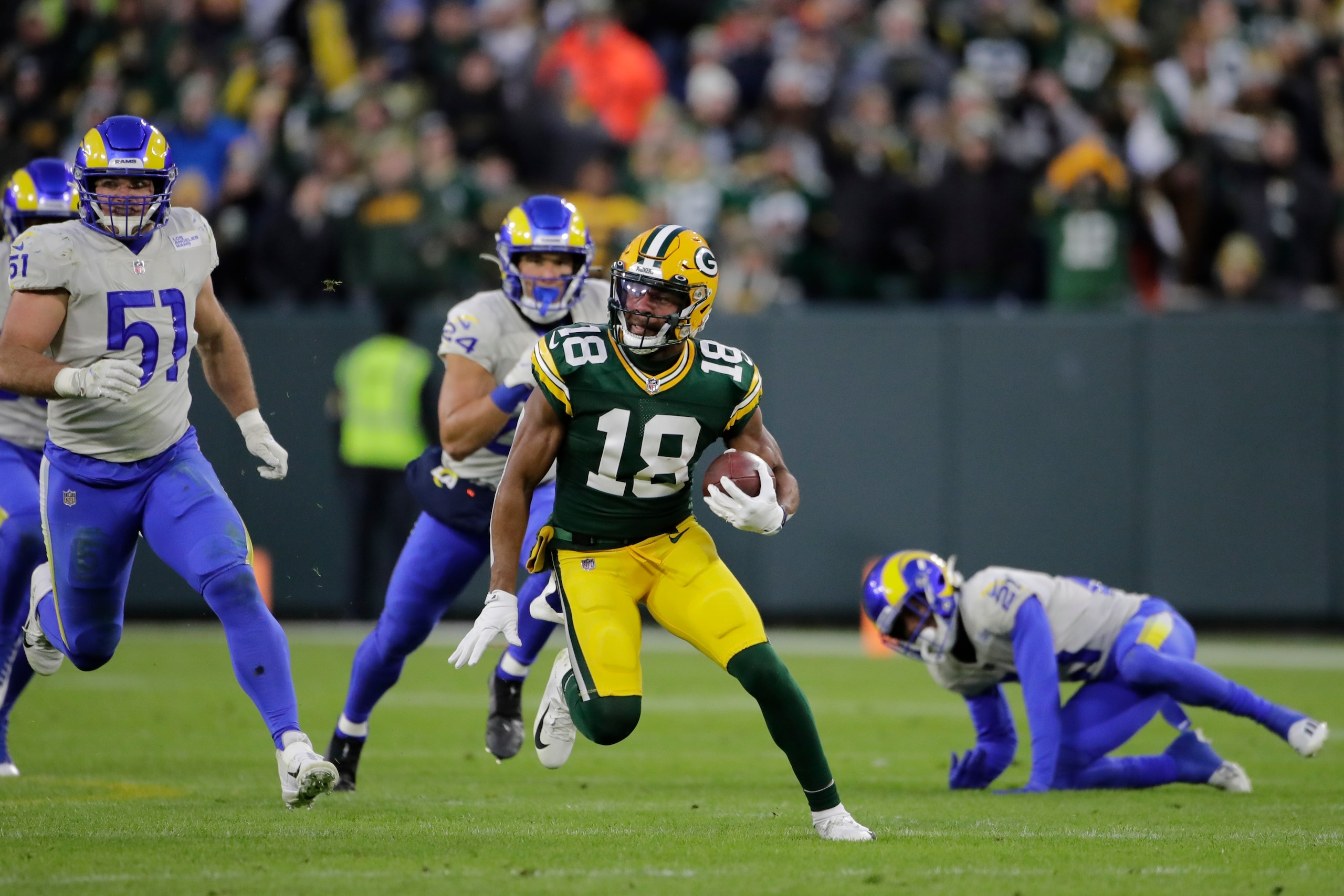 Green Bay Packers' Randall Cobb runs after a catch during the first half of an NFL football game against the Los Angeles Rams Sunday, Nov. 28, 2021, in Green Bay, Wis. (AP Photo/Aaron Gash) Green Bay Packers' Randall Cobb runs after a catch during the first half of an NFL football game against the Los Angeles Rams Sunday, Nov. 28, 2021, in Green Bay, Wis. (AP Photo/Aaron Gash)