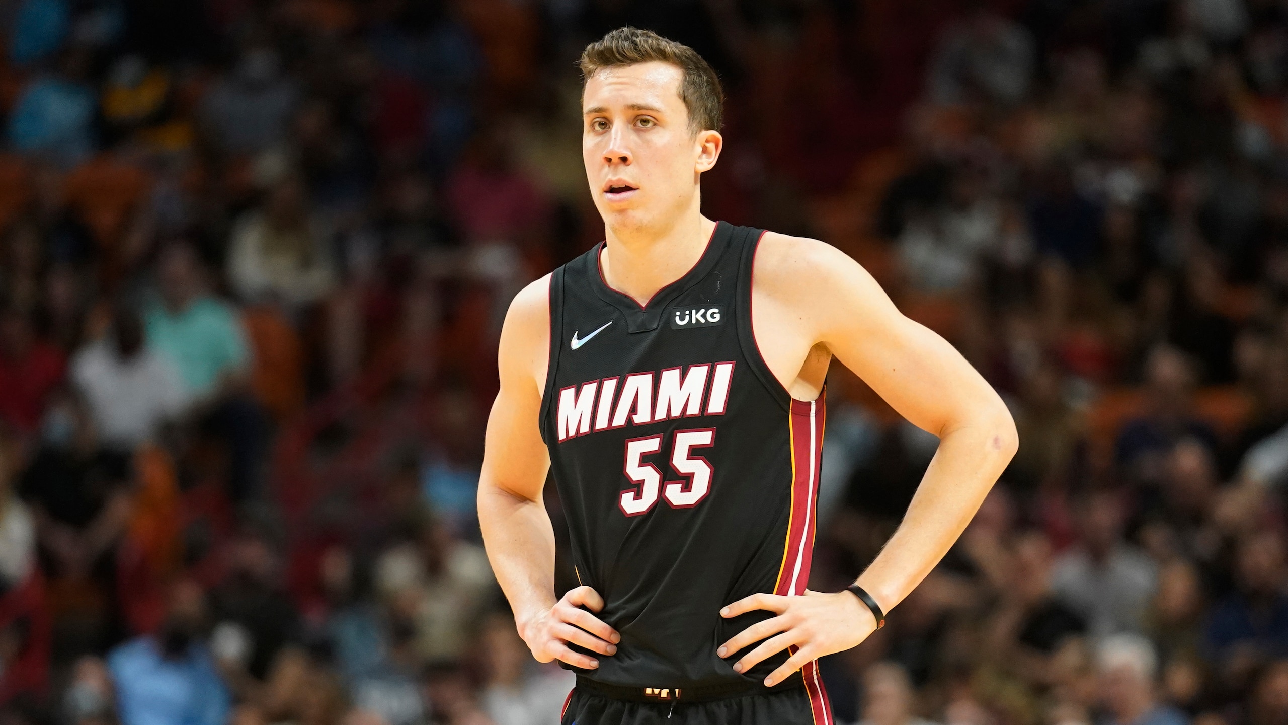 Miami Heat guard Duncan Robinson (55) stands on the court during the first half of an NBA basketball game against the Chicago Bulls, Saturday, Dec. 11, 2021, in Miami. (AP Photo/Marta Lavandier)