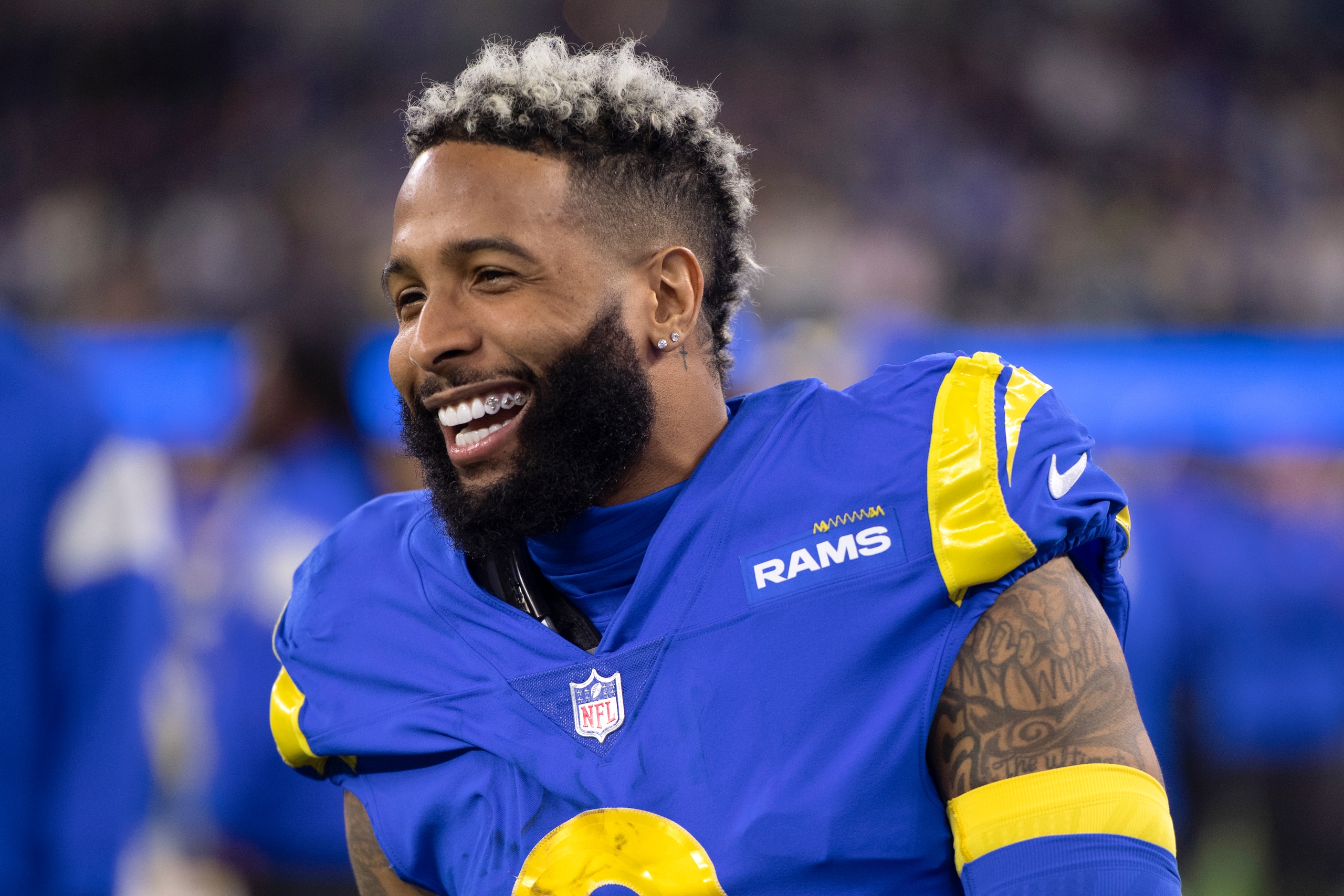 Los Angeles Rams wide receiver Odell Beckham Jr. (3) smiles during an NFL wild-card playoff football game against the Arizona Cardinals Monday, Jan. 17, 2022, in Inglewood, Calif. (AP Photo/Kyusung Gong)
