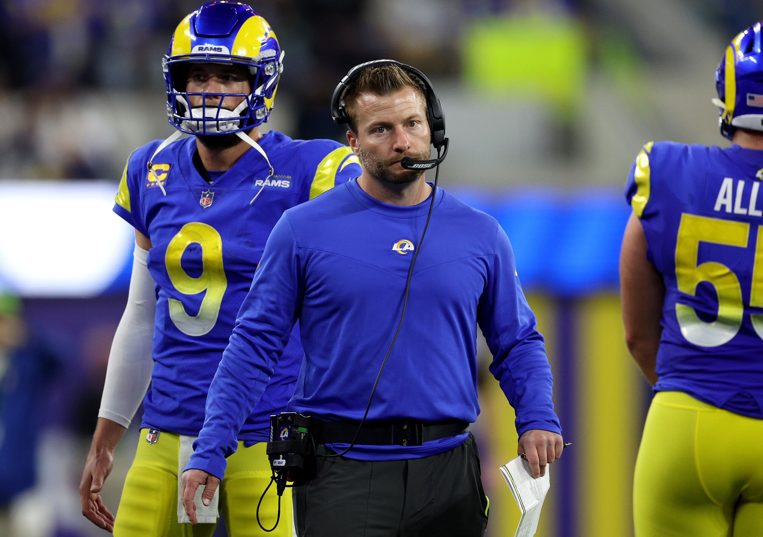 INGLEWOOD, CALIFORNIA - JANUARY 17: Head oach Sean McVay of the Los Angeles Rams reacts during the second quarter of the game against the Arizona Cardinals in the NFC Wild Card Playoff game at SoFi Stadium on January 17, 2022 in Inglewood, California. (Photo by Harry How/Getty Images)