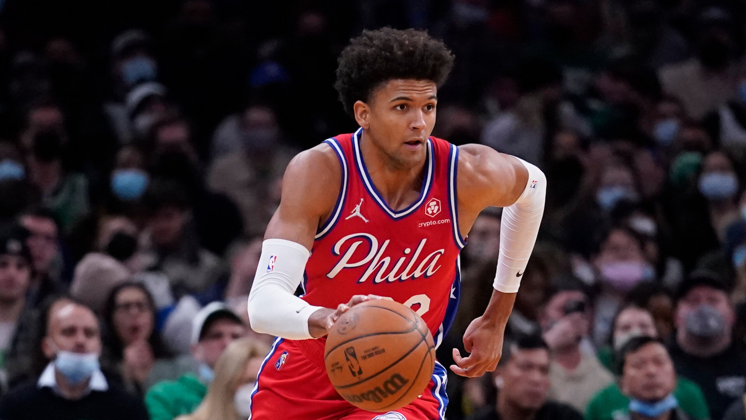 Philadelphia 76ers guard Matisse Thybulle (22) during an NBA basketball game, Monday, Dec. 20, 2021, in Boston. (AP Photo/Charles Krupa)