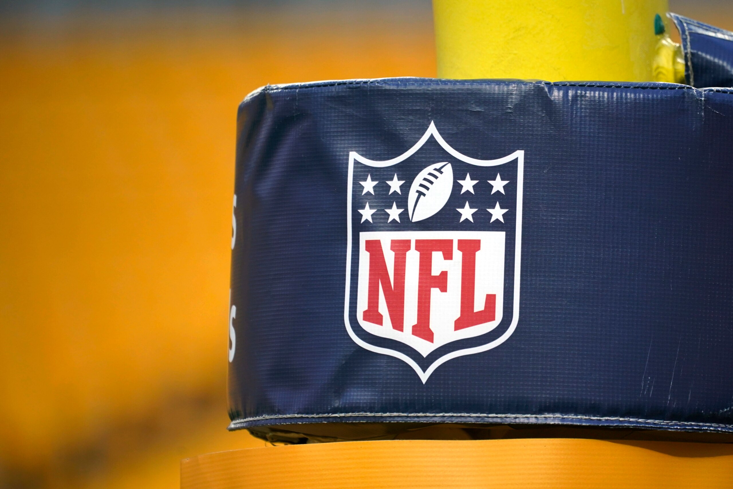 This is the NFL logo on the goalpost pad at Heinz Field before an NFL football game between the Pittsburgh Steelers and the Cleveland Browns in Pittsburgh, Monday, Jan. 3, 2022. (AP Photo/Gene J. Puskar)
