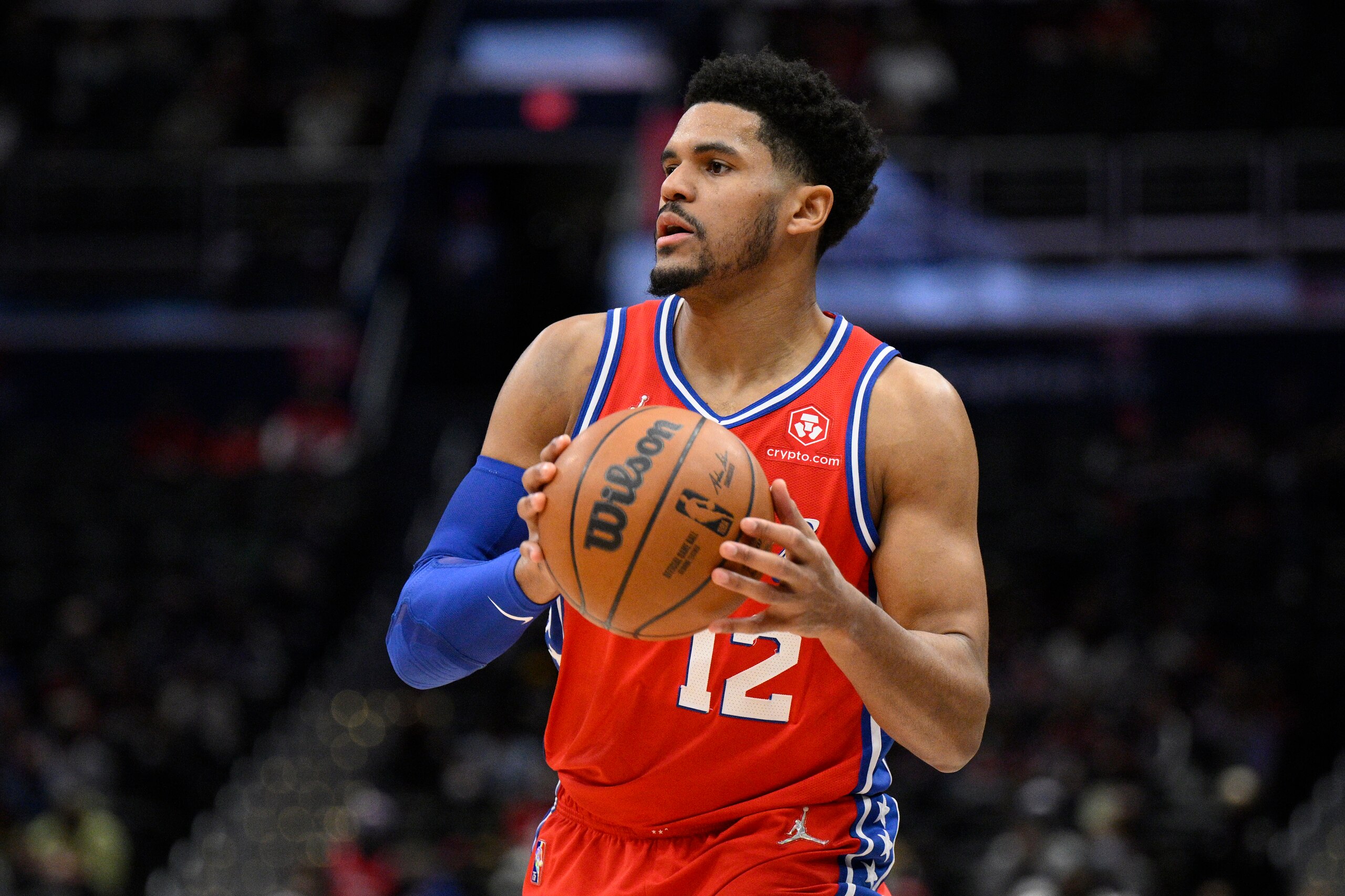 Philadelphia 76ers forward Tobias Harris (12) in action during the second half of an NBA basketball game against the Washington Wizards, Monday, Jan. 17, 2022, in Washington. The Wizards won 117-98. (AP Photo/Nick Wass)