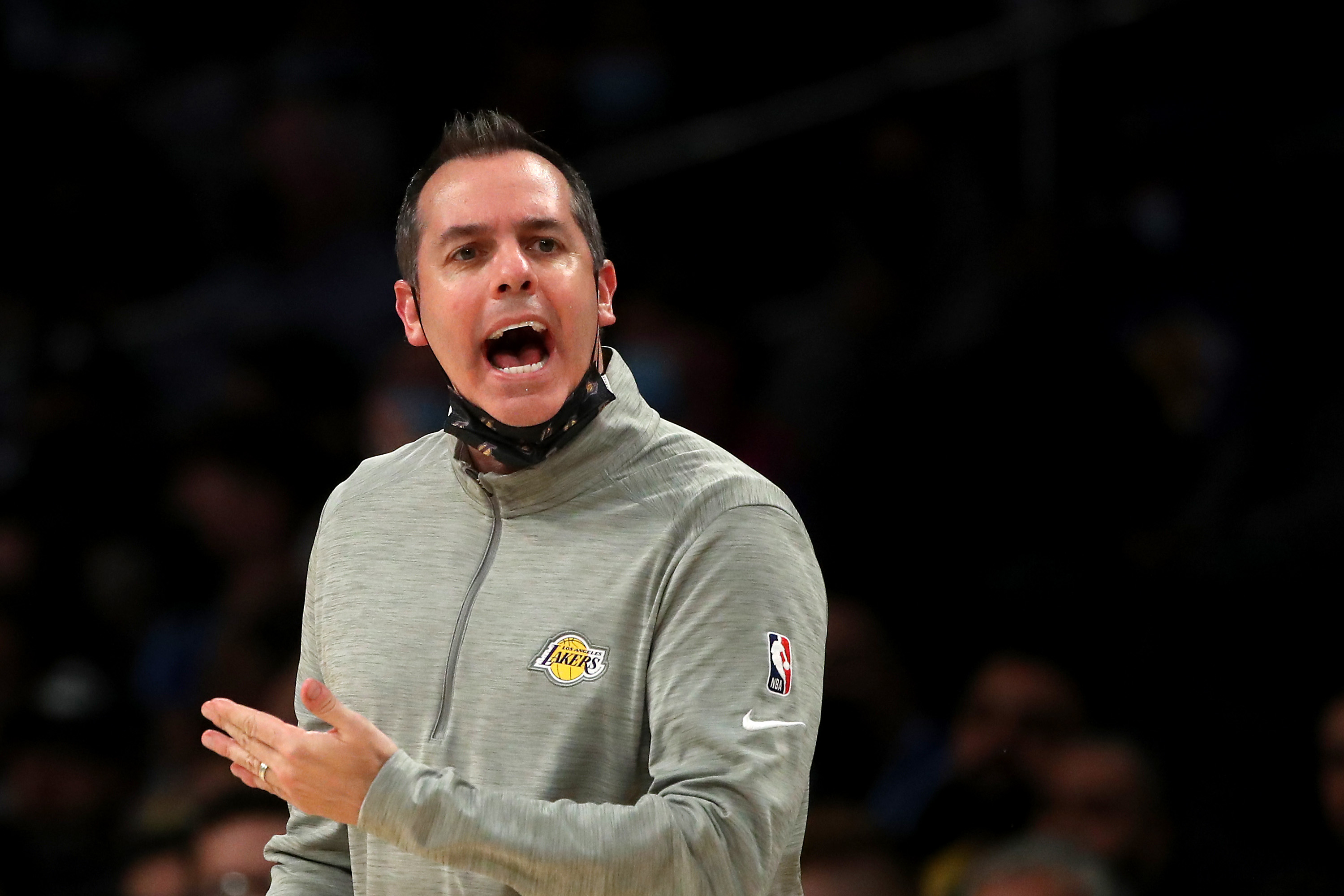LOS ANGELES, CALIFORNIA - JANUARY 17: Head coach Frank Vogel of the Los Angeles Lakers reacts to a play during the third quarter against the Utah Jazz at Crypto.com Arena on January 17, 2022 in Los Angeles, California. NOTE TO USER: User expressly acknowledges and agrees that, by downloading and/or using this photograph, User is consenting to the terms and conditions of the Getty Images License Agreement. (Photo by Katelyn Mulcahy/Getty Images)