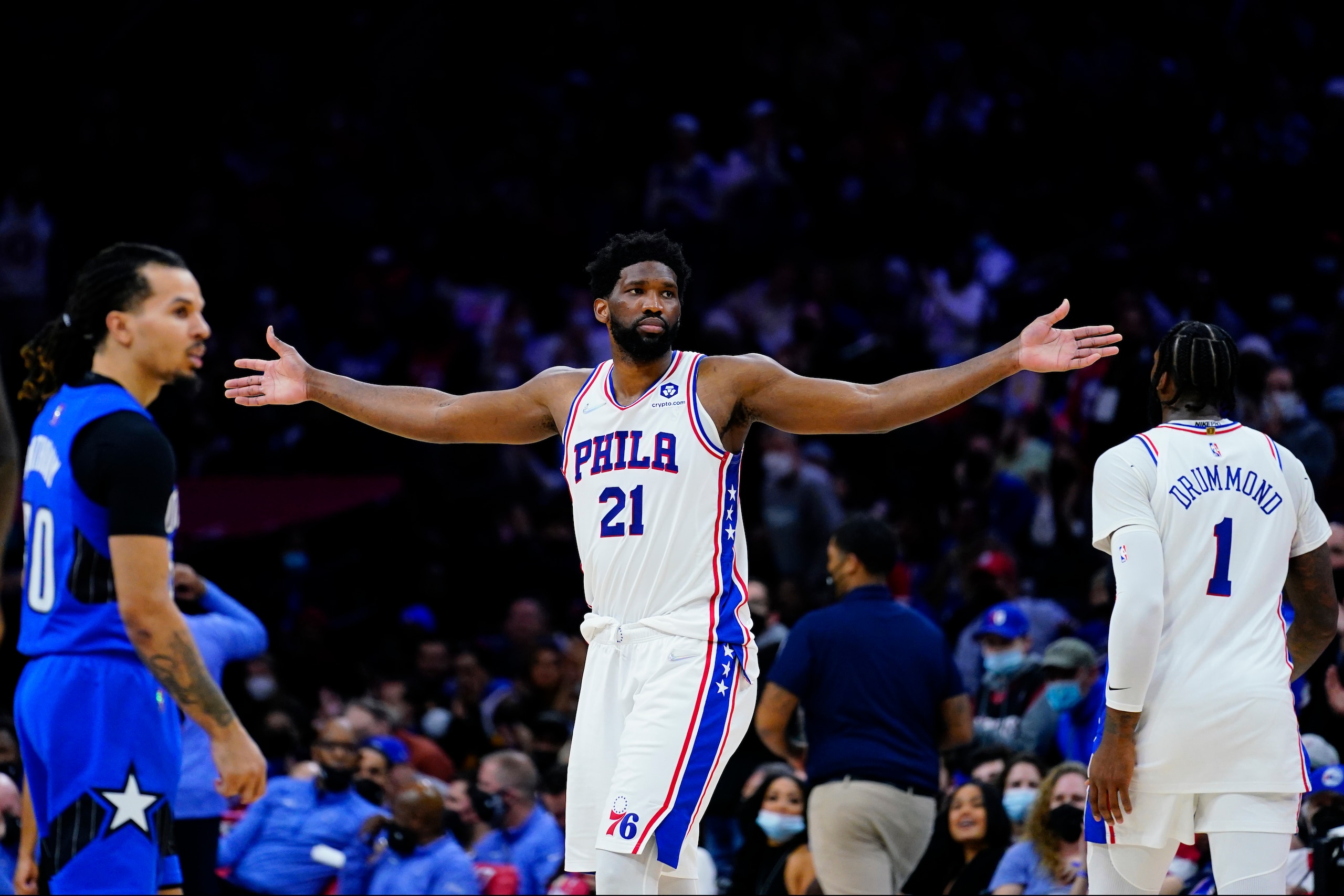 Philadelphia 76ers' Joel Embiid reacts during the second half of an NBA basketball game against the Orlando Magic, Wednesday, Jan. 19, 2022, in Philadelphia. (AP Photo/Matt Slocum) Philadelphia 76ers' Joel Embiid reacts during the second half of an NBA basketball game against the Orlando Magic, Wednesday, Jan. 19, 2022, in Philadelphia. (AP Photo/Matt Slocum)