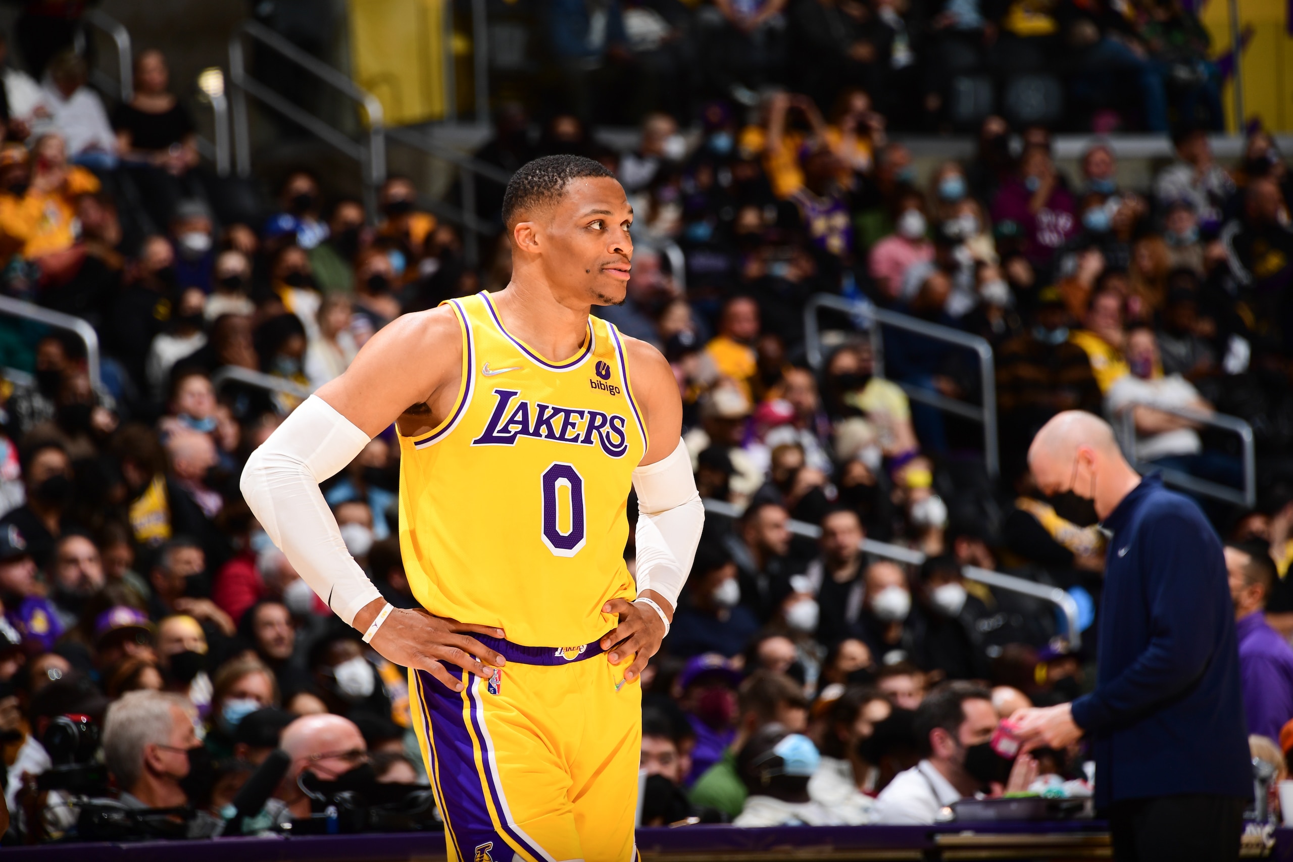 LOS ANGELES, CA - JANUARY 19: Russell Westbrook #0 of the Los Angeles Lakers looks on during the game against the Indiana Pacers on January 19, 2022 at Crypto.Com Arena in Los Angeles, California. NOTE TO USER: User expressly acknowledges and agrees that, by downloading and/or using this Photograph, user is consenting to the terms and conditions of the Getty Images License Agreement. Mandatory Copyright Notice: Copyright 2022 NBAE (Photo by Adam Pantozzi/NBAE via Getty Images) LOS ANGELES, CA - JANUARY 19: Russell Westbrook #0 of the Los Angeles Lakers looks on during the game against the Indiana Pacers on January 19, 2022 at Crypto.Com Arena in Los Angeles, California. NOTE TO USER: User expressly acknowledges and agrees that, by downloading and/or using this Photograph, user is consenting to the terms and conditions of the Getty Images License Agreement. Mandatory Copyright Notice: Copyright 2022 NBAE (Photo by Adam Pantozzi/NBAE via Getty Images)