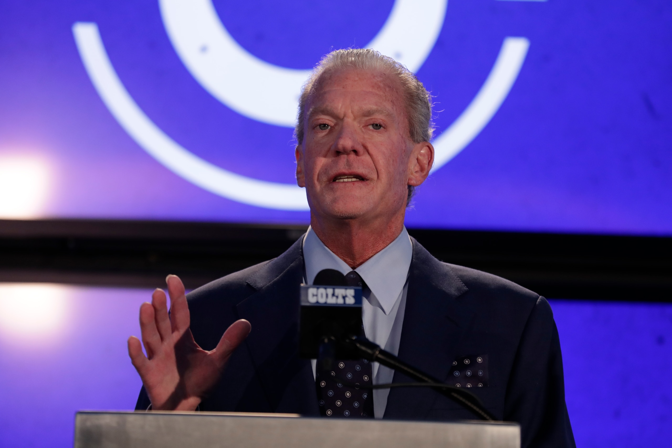 Indianapolis Colts owner Jim Irsay speaks before head coach Frank Reich was introduced at the team's new had football coach during a press conference in Indianapolis, Tuesday, Feb. 13, 2018. (AP Photo/Michael Conroy) Indianapolis Colts owner Jim Irsay speaks before head coach Frank Reich was introduced at the team's new had football coach during a press conference in Indianapolis, Tuesday, Feb. 13, 2018. (AP Photo/Michael Conroy)