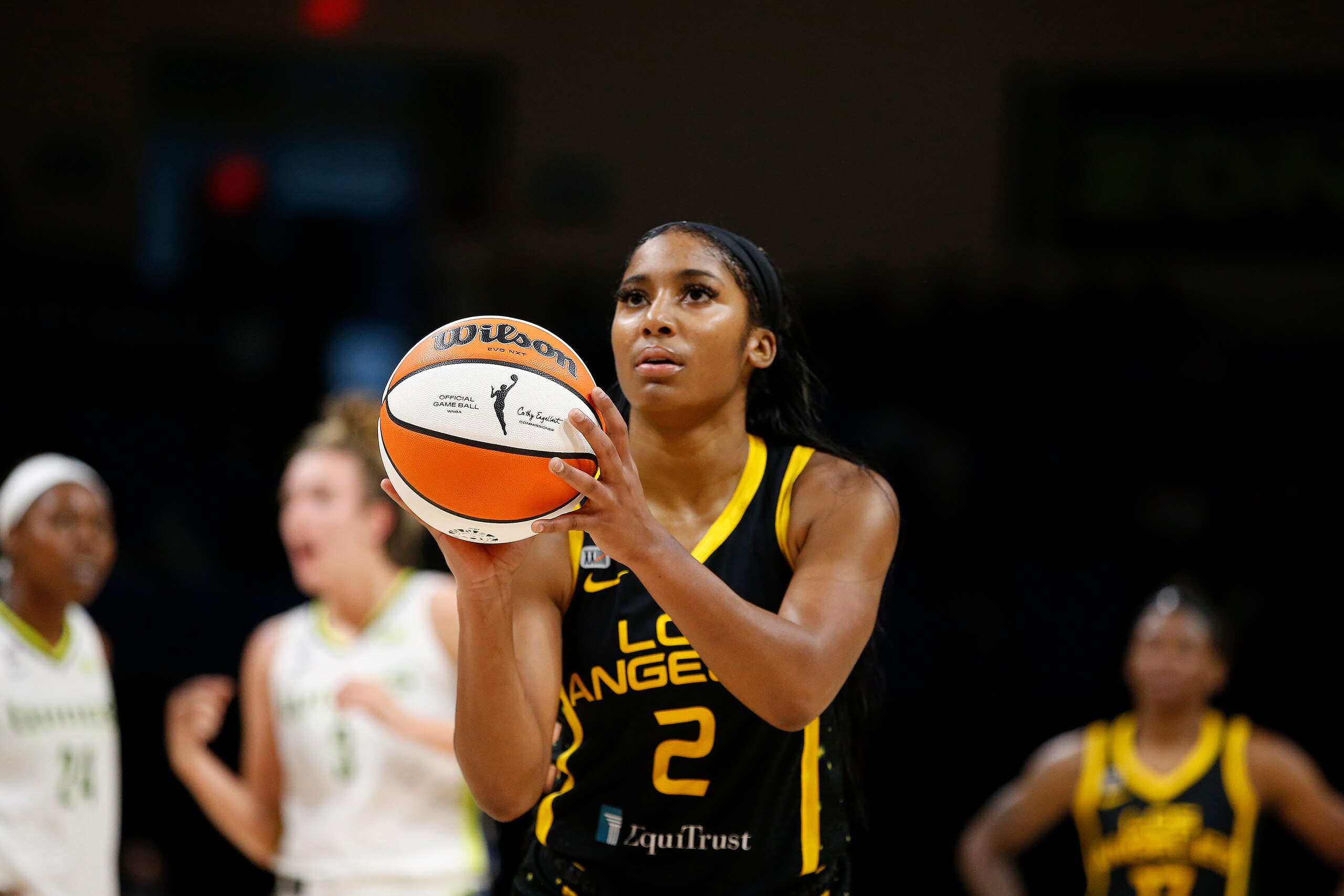 ARLINGTON, TX - SEPTEMBER 19:  Te'a Cooper #2 of the Los Angeles Sparks shoots a free throw against the Dallas Wings on September 19, 2021 at College Park Center in Arlington, Texas. NOTE TO USER: User expressly acknowledges and agrees that, by downloading and or using this Photograph, user is consenting to the terms and conditions of the Getty Images License Agreement. Mandatory Copyright Notice: Copyright 2021 NBAE (Photo by Tim Heitman/NBAE via Getty Images)
